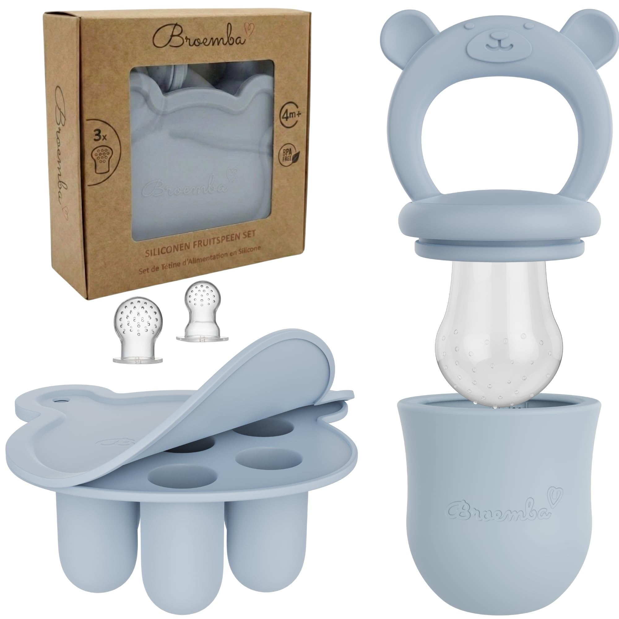 Grignoteur de fruits et lot de 3 tétines avec moule à glace - Grignoteur en silicone bleu avec anneau de dentition, sucette pour fruits et légumes, moule à glaçons avec couvercle - 1