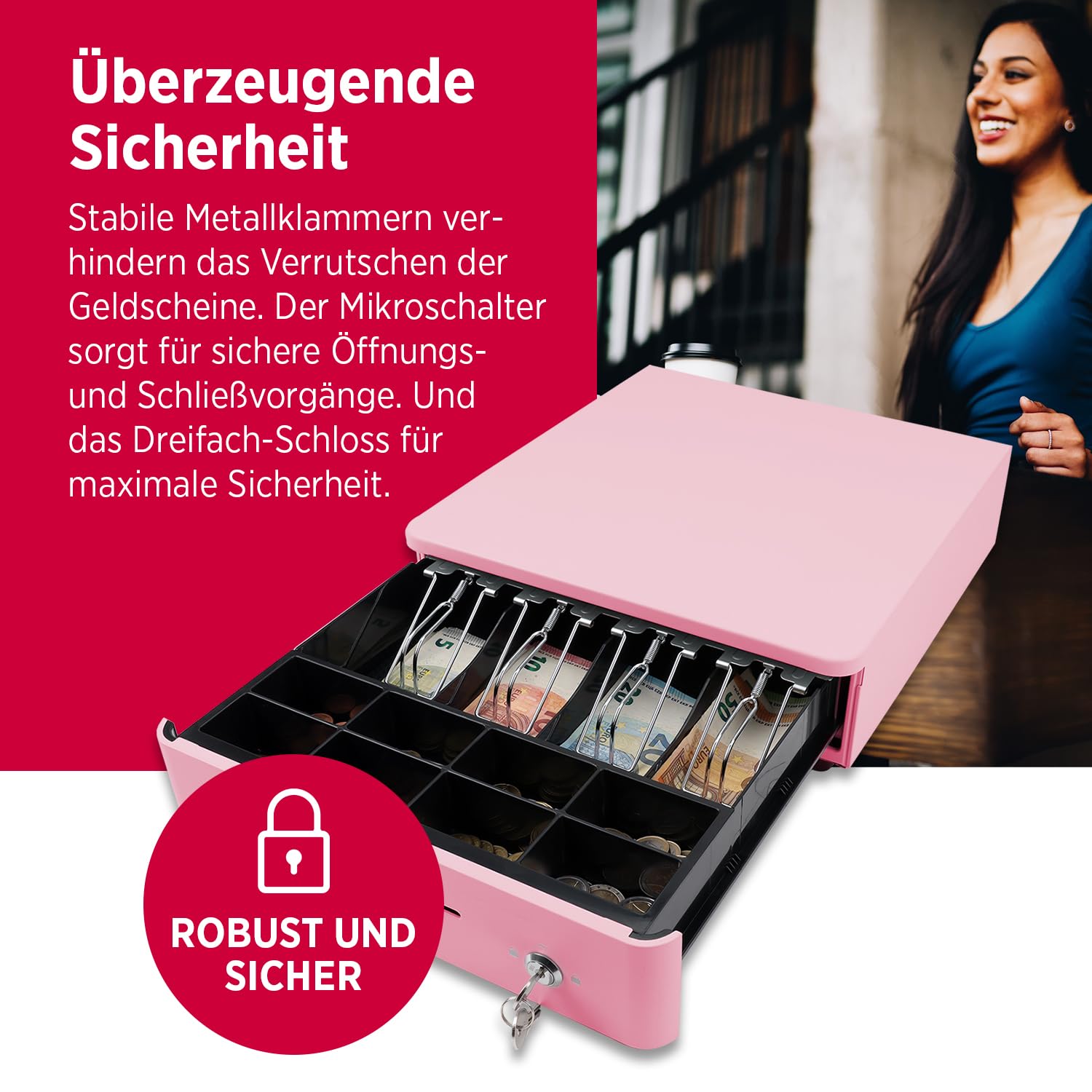 OLYMPIA S 330 - Caja registradora con 8 compartimentos para monedas y 4 billetes, robusta base de metal para caja registradora con cerradura y conector RJ11/RJ12, color rosa