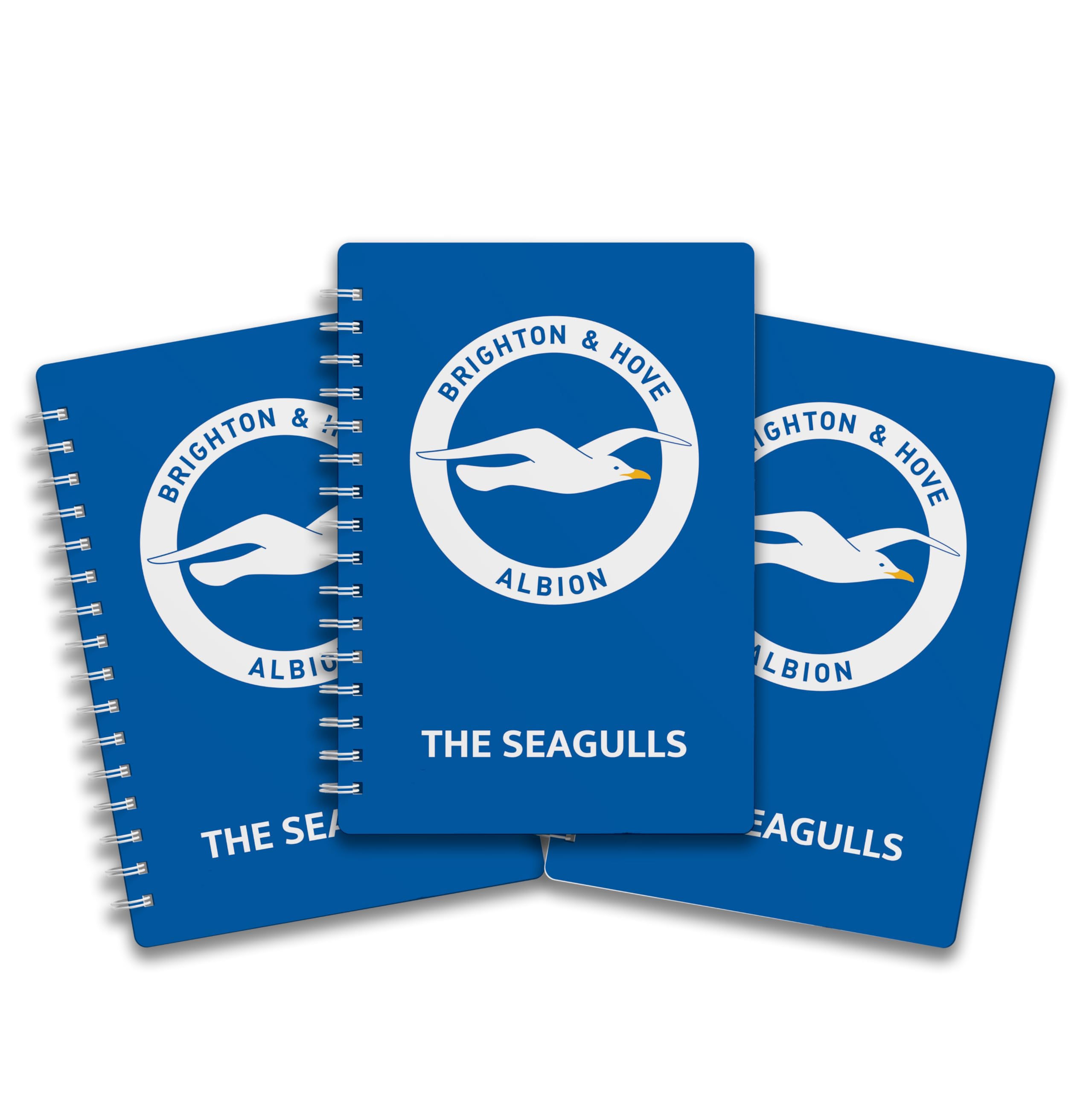 Pack of 3 - A5 Lined Wire-Bound Notebooks featuring the 'The Seagulls'- Brighton & Hove. Perfect for dedicated fans who want to bring their passion for the team into their daily lives.