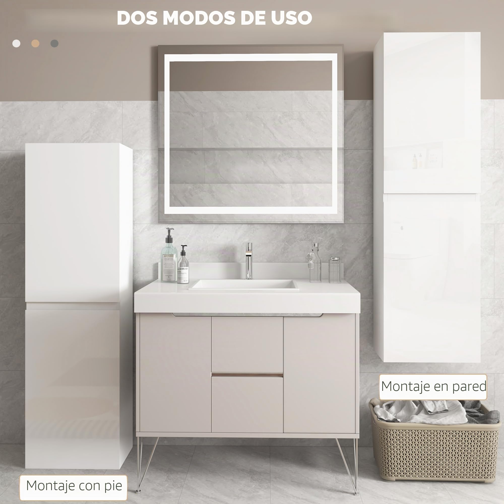 kleankin Mueble Alto de baño, Mueble Alto de almacenaje, Acabado Alto Brillo, estantes Regulables, 2 armarios, Estante de almacenaje de baño, 35 x 25 x 120 cm, Lacado en Blanco