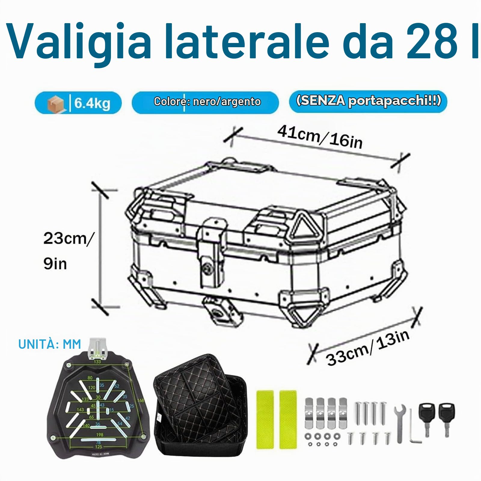 Bauletto posteriore per moto, 28L 36L 45L 55L 65L 80L 100L Baule per moto impermeabile in alluminio universale con serratura di sicurezza per riporre casco e bagagli - Include schienale silver 28L
