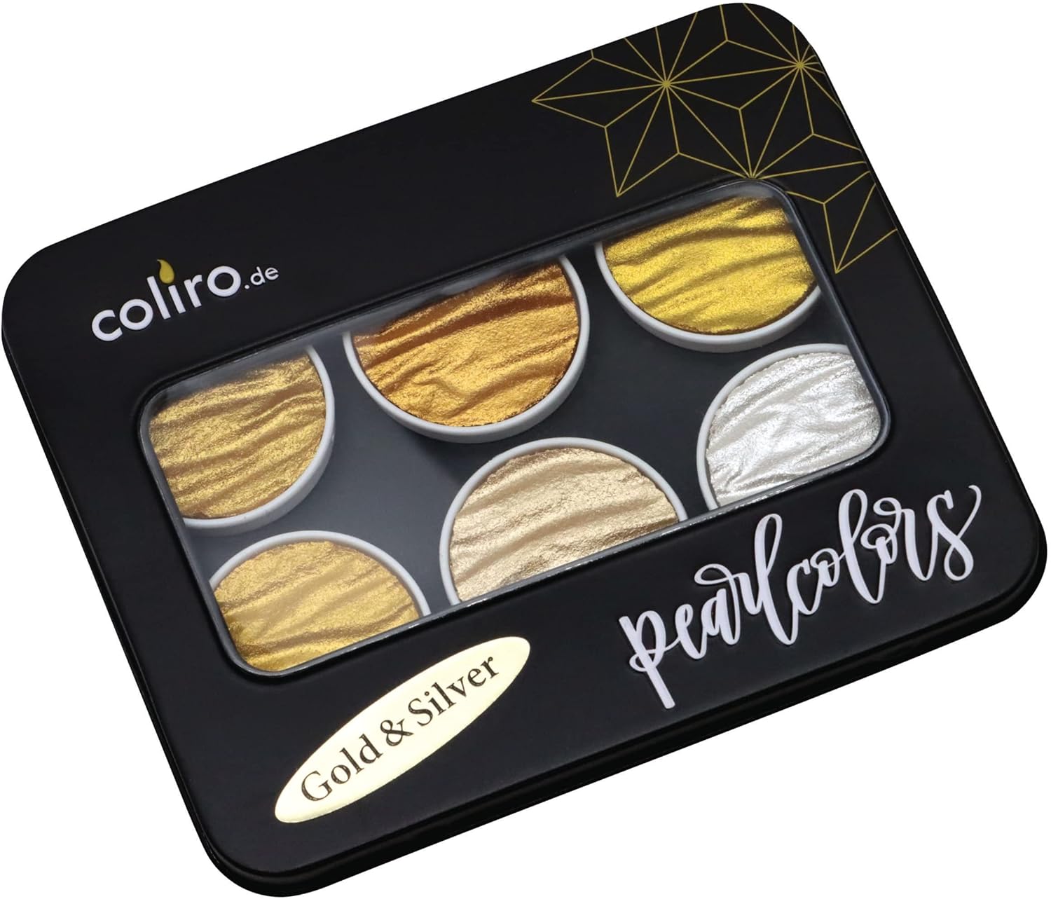 Coliro Pearlcolor Paint Set Gold & Silver C600 - New 2023 Version In Metal Box -Metallic Watercolor Paints (6-Color Set, 30mm)
