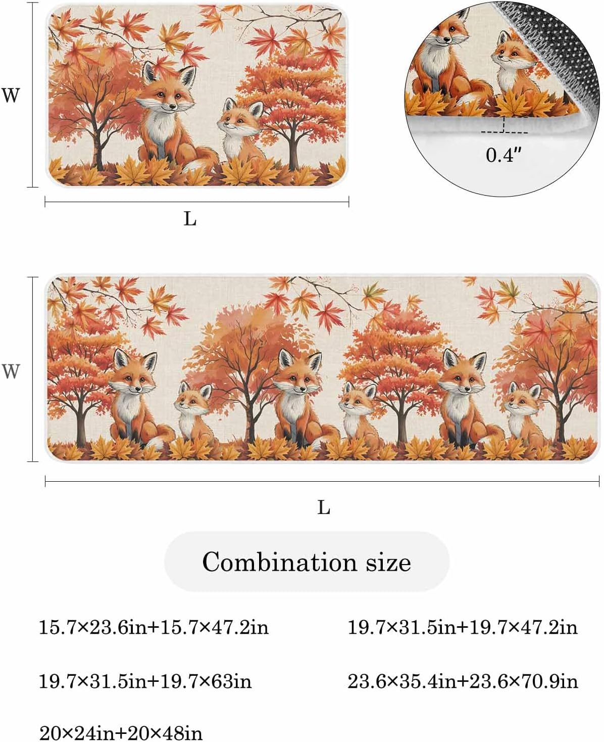 Autumn Orange Fox Kitchen Rugs 2 Piece, Maple Leaf Forest Linen Texture Kitchen Mats for Floor Washable Runner Rug Thanksgiving Absorbent Mat Carpets for Dining Laundry Room, 15.7"x23.6"+15.7"x47.2"