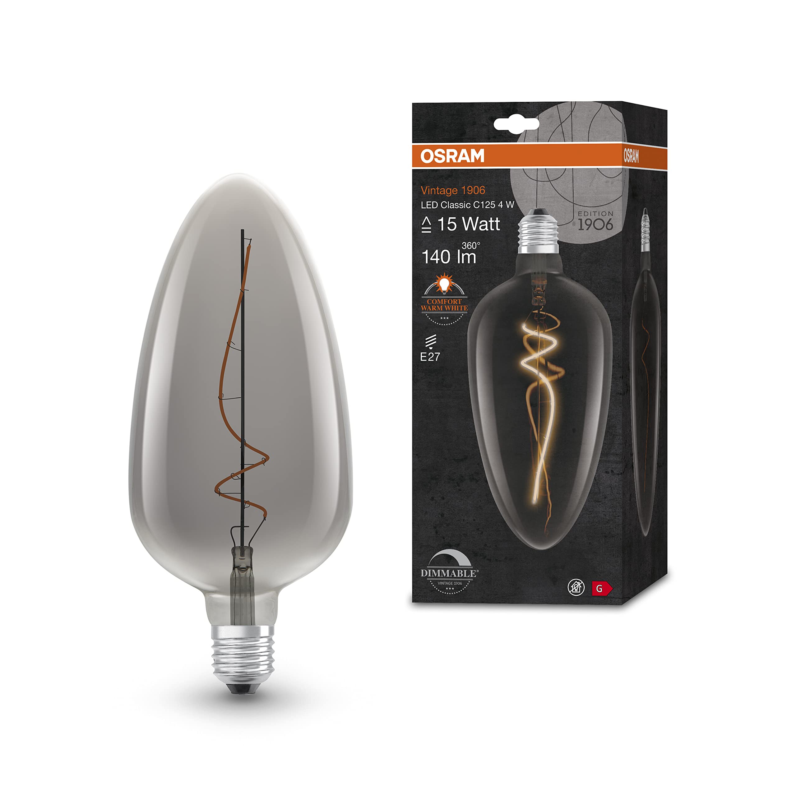 OSRAM Vintage 1906 Smoke Tinted LED lamp, 4W, 140lm, Slightly Oval Design with 125mm Diameter & E27 Base, Warm White Light, dimmable Filament, Life of up to 15,000 Hours