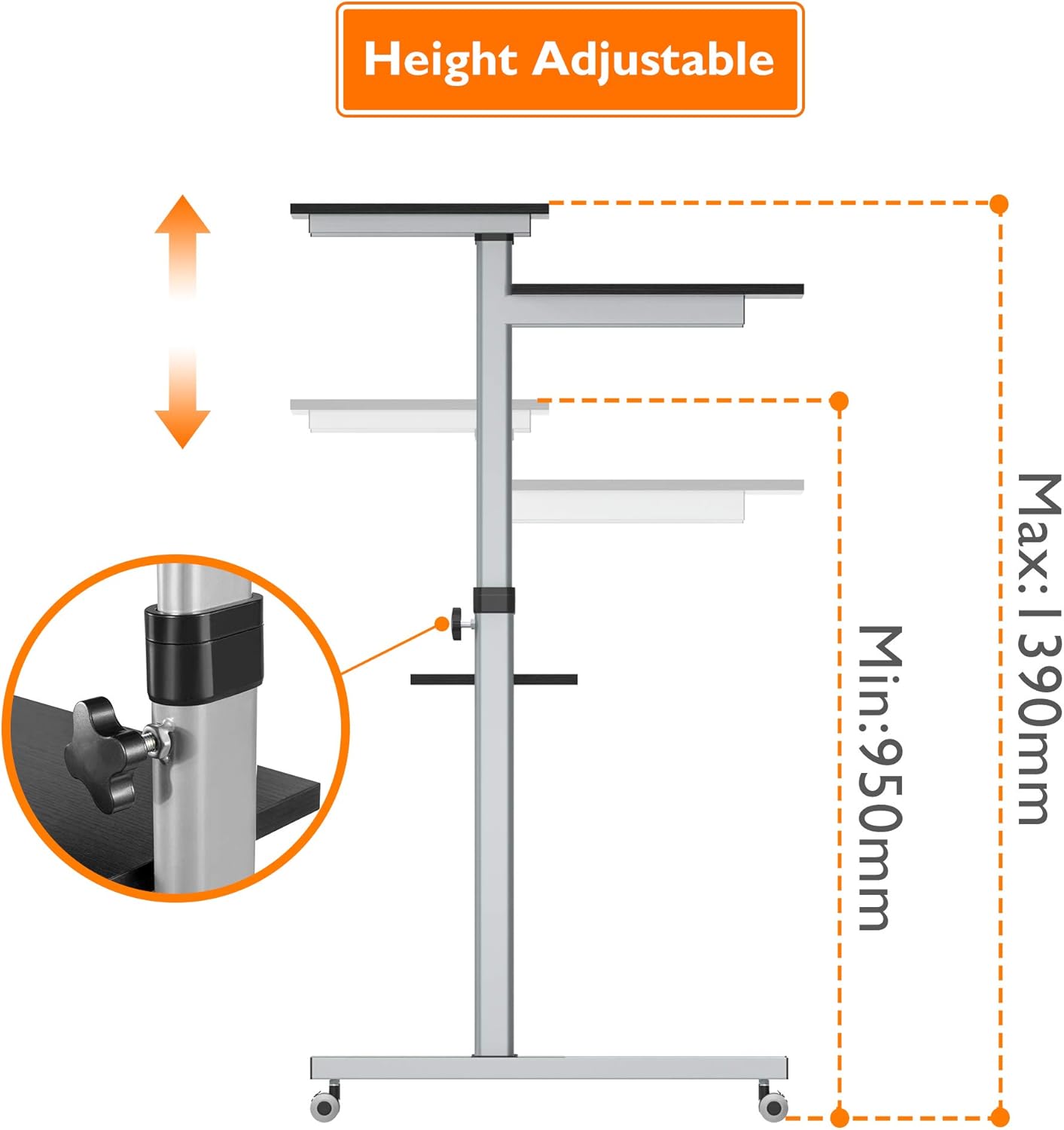 BONTEC MWS02 Mobile Standing Desk with laptop, mouse, documents, and backpack