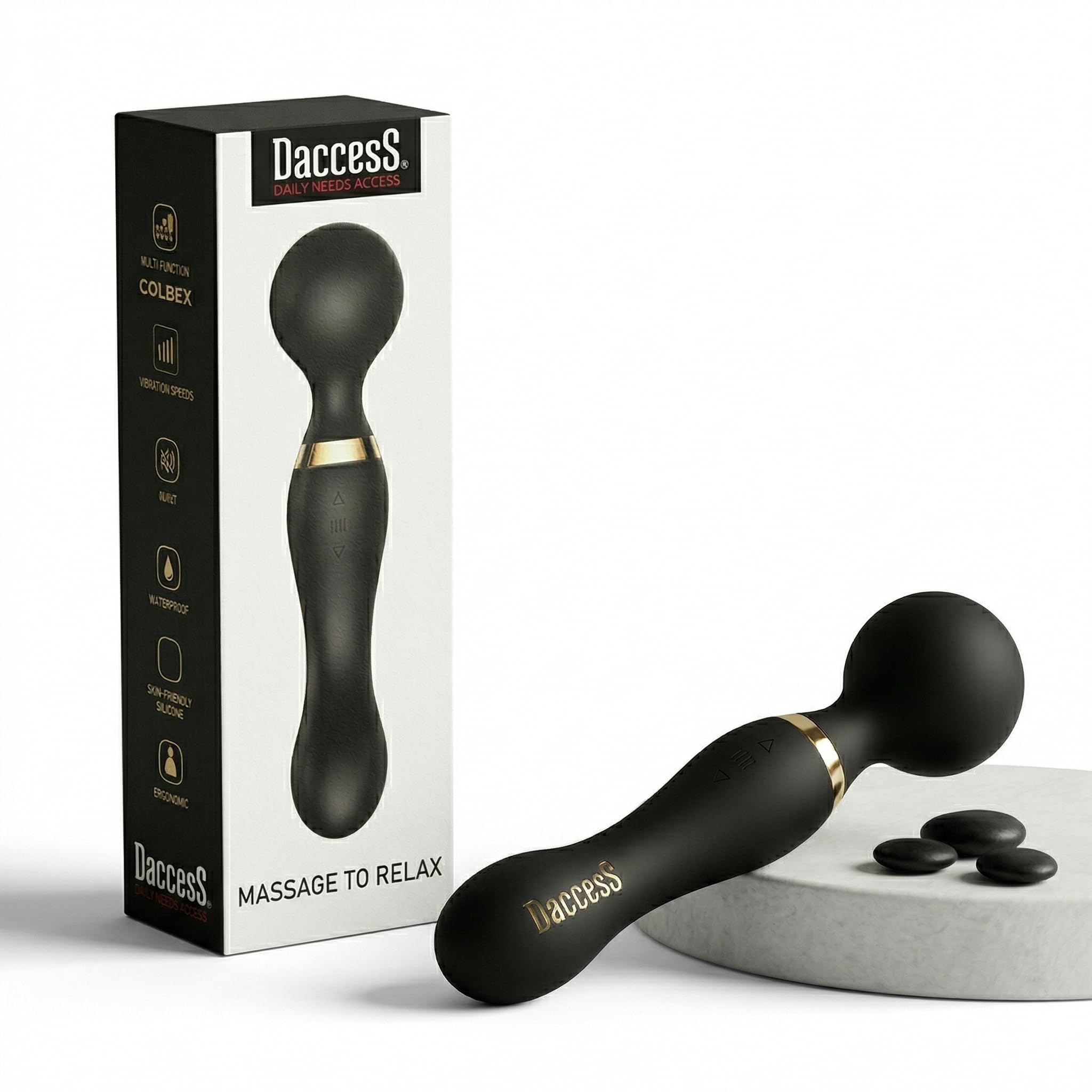 Daccess-Daily Needs Access Double Vibrating Massage Stick, 20 Modes, 8 Speeds, 360° Rotation, USB Rechargeable, IPX5 Waterproof, Black with Gold Accent, 220mm-image-16