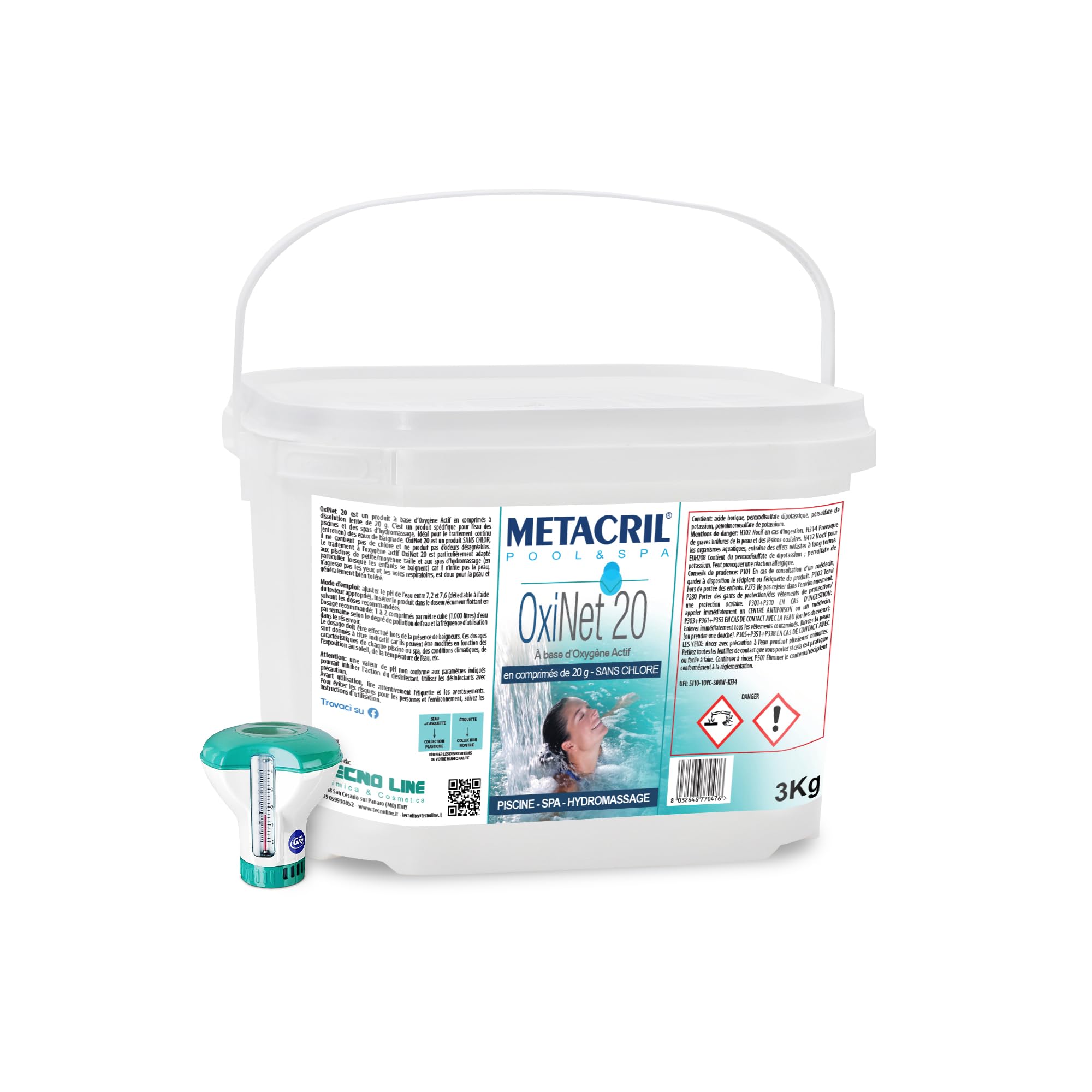 Metacril OxiNet 20 + Distributeur Flottant avec thermomètre, Oxygène Actif, en comprimés de 20 g, idéal pour Piscine ou Jacuzzi - 3 KG