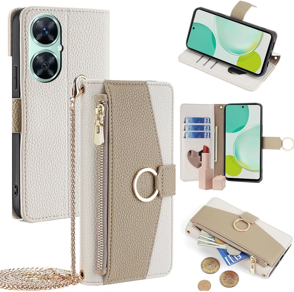 Wallet Case with Crossbody Strap Compatible for Huawei Mate 7 Mini/Honor 5X/GR5, Magnetic Handbag Zipper Pocket Cases PU Leather Flip Shockproof Cover with Kickstand White