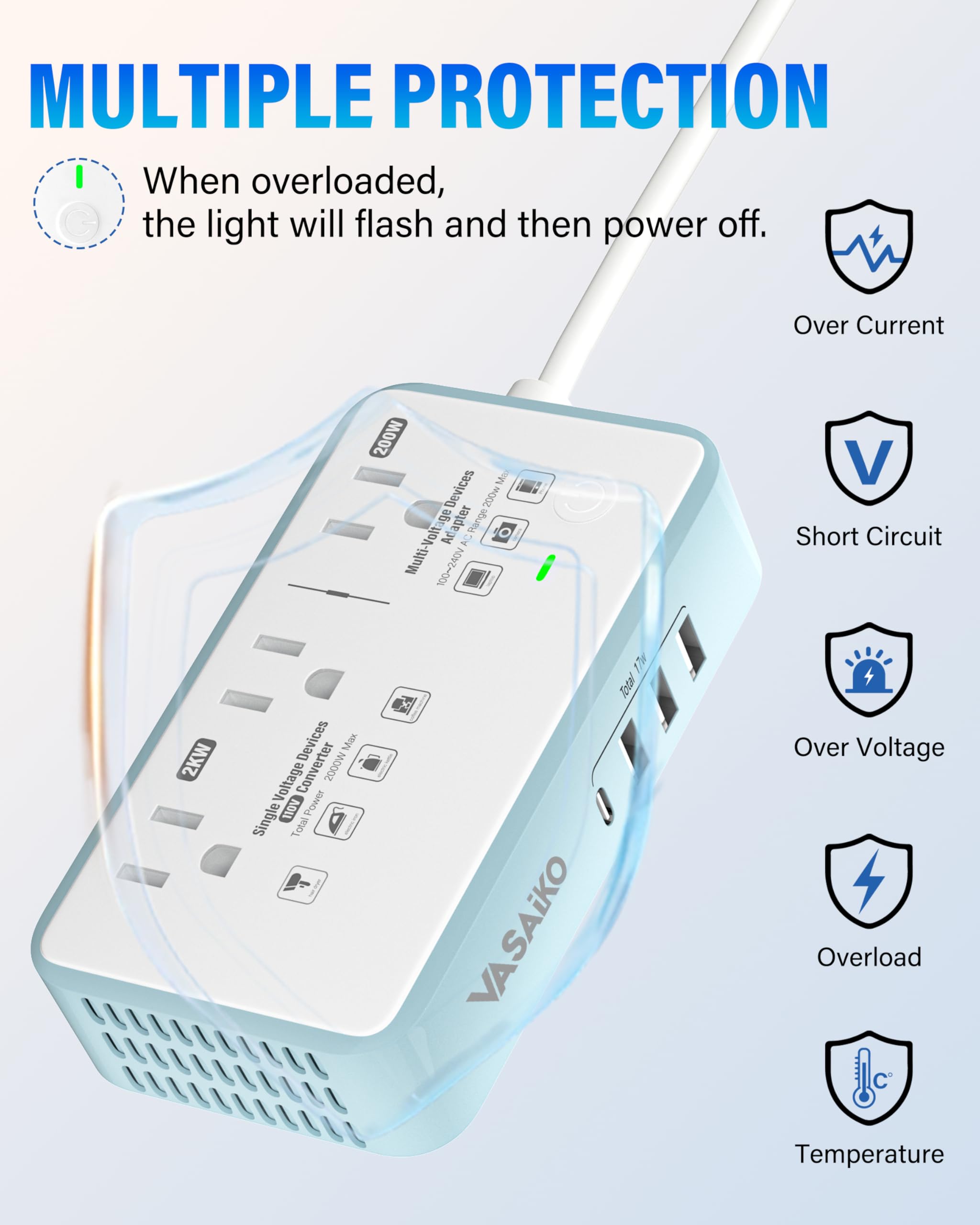 Convertidor de corriente de 220 V a 110 V de EE.UU. a Europa, 2000 W Max International Power Converter con 4 Carga USB, convertidor de energía para Europa con adaptador de enchufe
