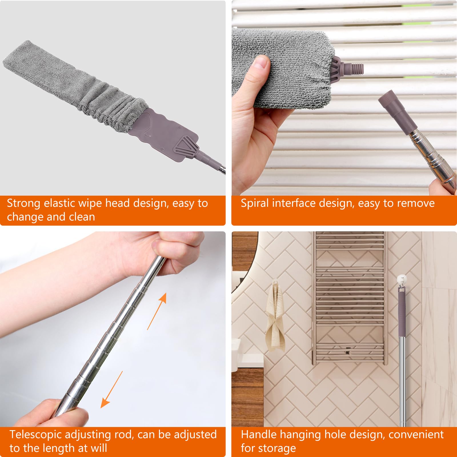 Plumero Plano, Cepillo Limpieza de Polvo con Varilla Telescópica de Acero Inoxidable, Limpiador de Polvo Retráctil, Plumero Atrapapolvo Microfibra Lavable para Piso, Debajo de la Sofá y el Cama