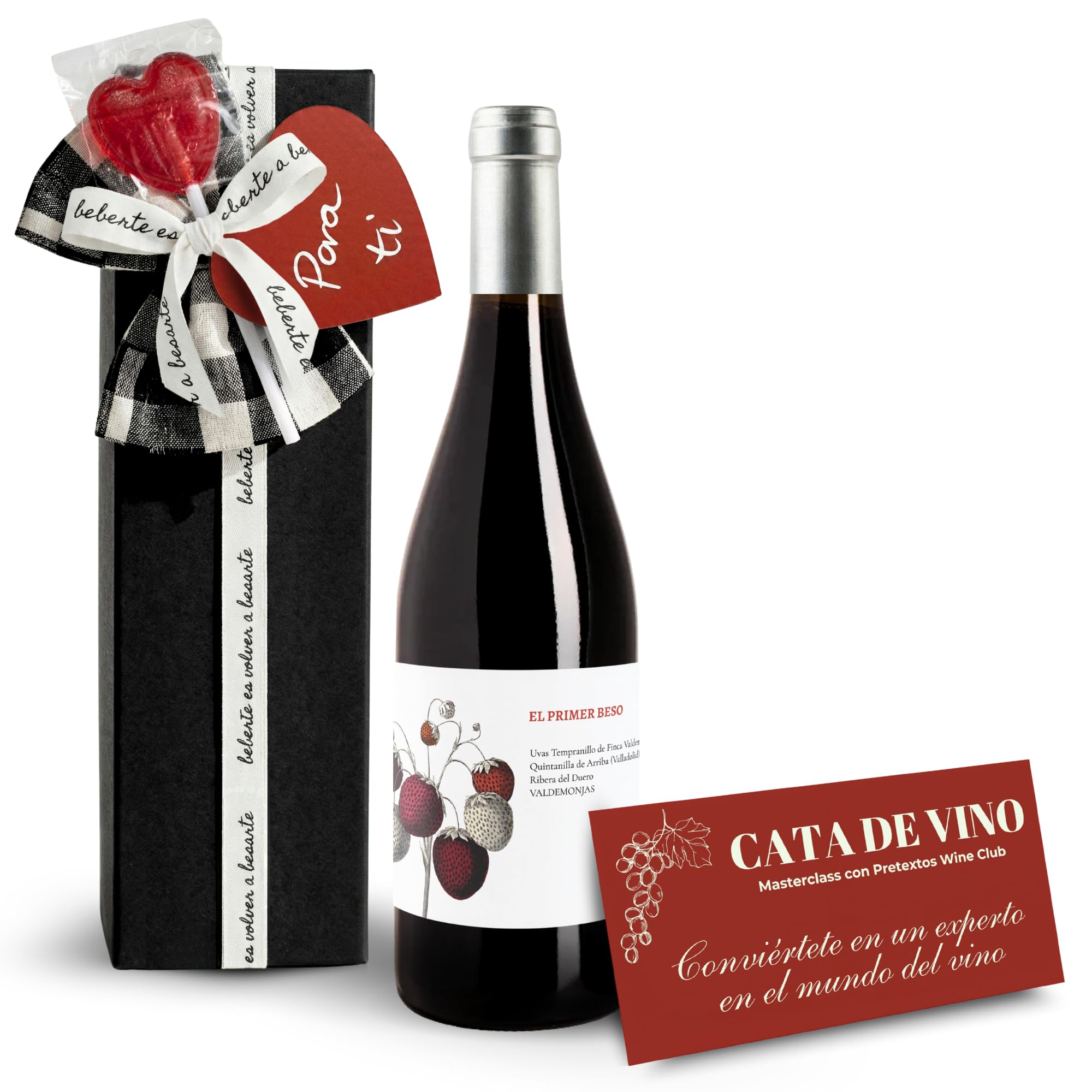 Caja Regalo Botella Vino Tinto Ribera Del Duero San Valentin. Regalos Originales Para Hombre | Regalo Pareja | Regalo Aniversario | Regalo San Valentin | Cata De Vino | Vino Ribera El Primer Beso