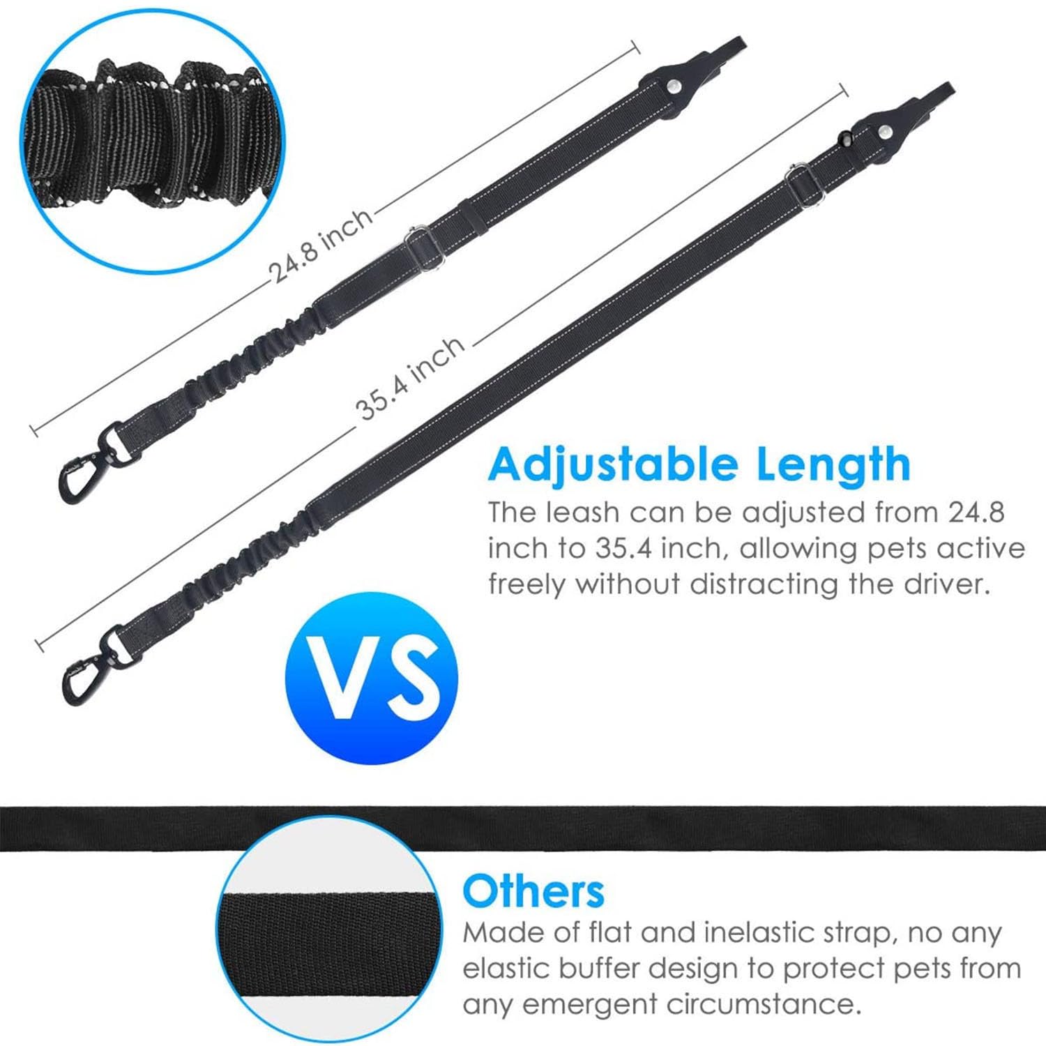 2 Pack Black Dog Seat Belt, Adjustable Dog Car Safety Belt with Reflective Bungee, Rotatable Carabiner, Suitable for Medium to Large Dogs Up to 150 lbs - image 5
