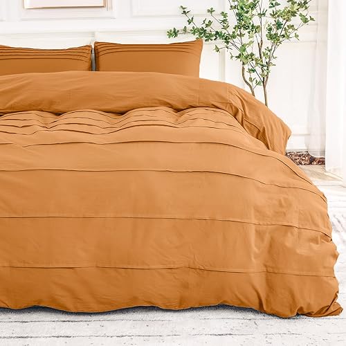 NEXHOME PRO Juego de funda de edredón de 100 % algodón lavado, tamaño individual, plisado, naranja, juego de ropa de cama orgánica de 2 piezas con