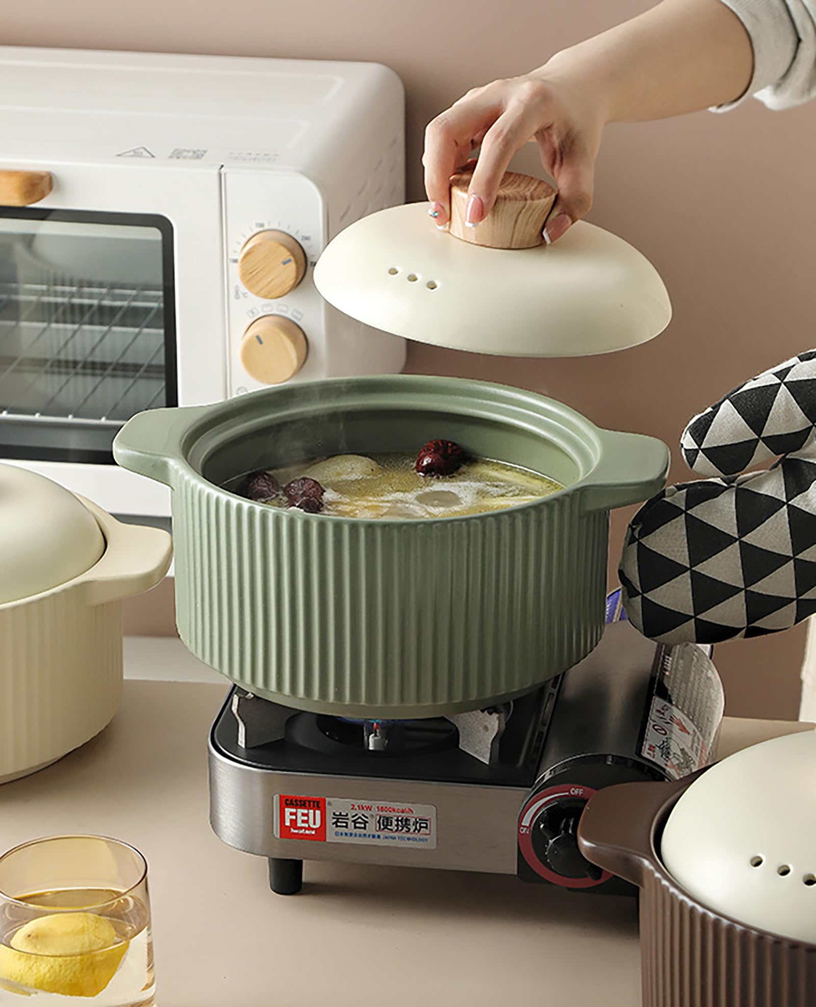 z pokrywką, porcelanowy garnek do gulaszu(Green,1.6L)