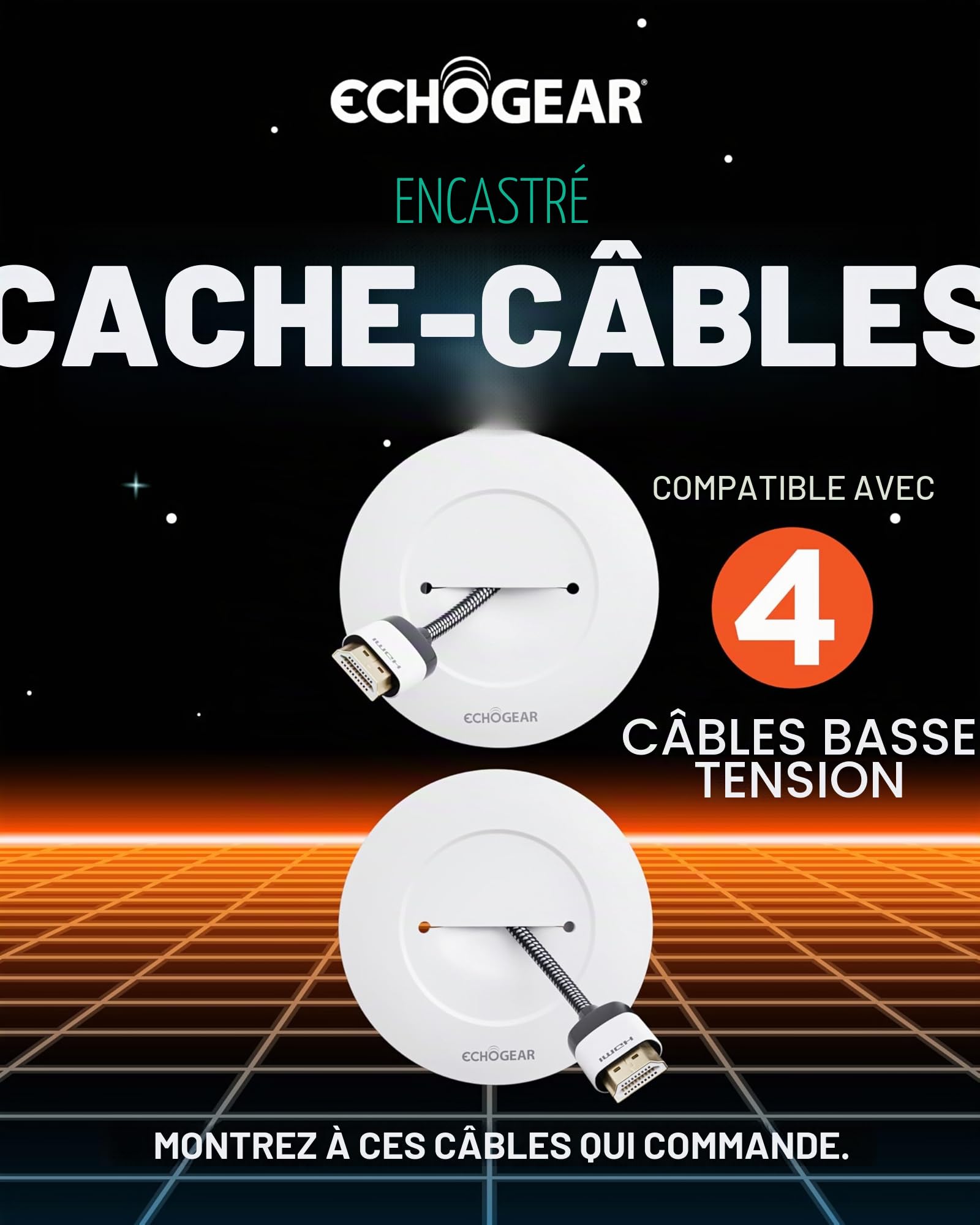 Echogear Kit De Gestion De Câbles pour TV Montée sur Support Mural TV - Goulottes Cache-Câble Facile à Installer pour Fils Electrique Basse Tension