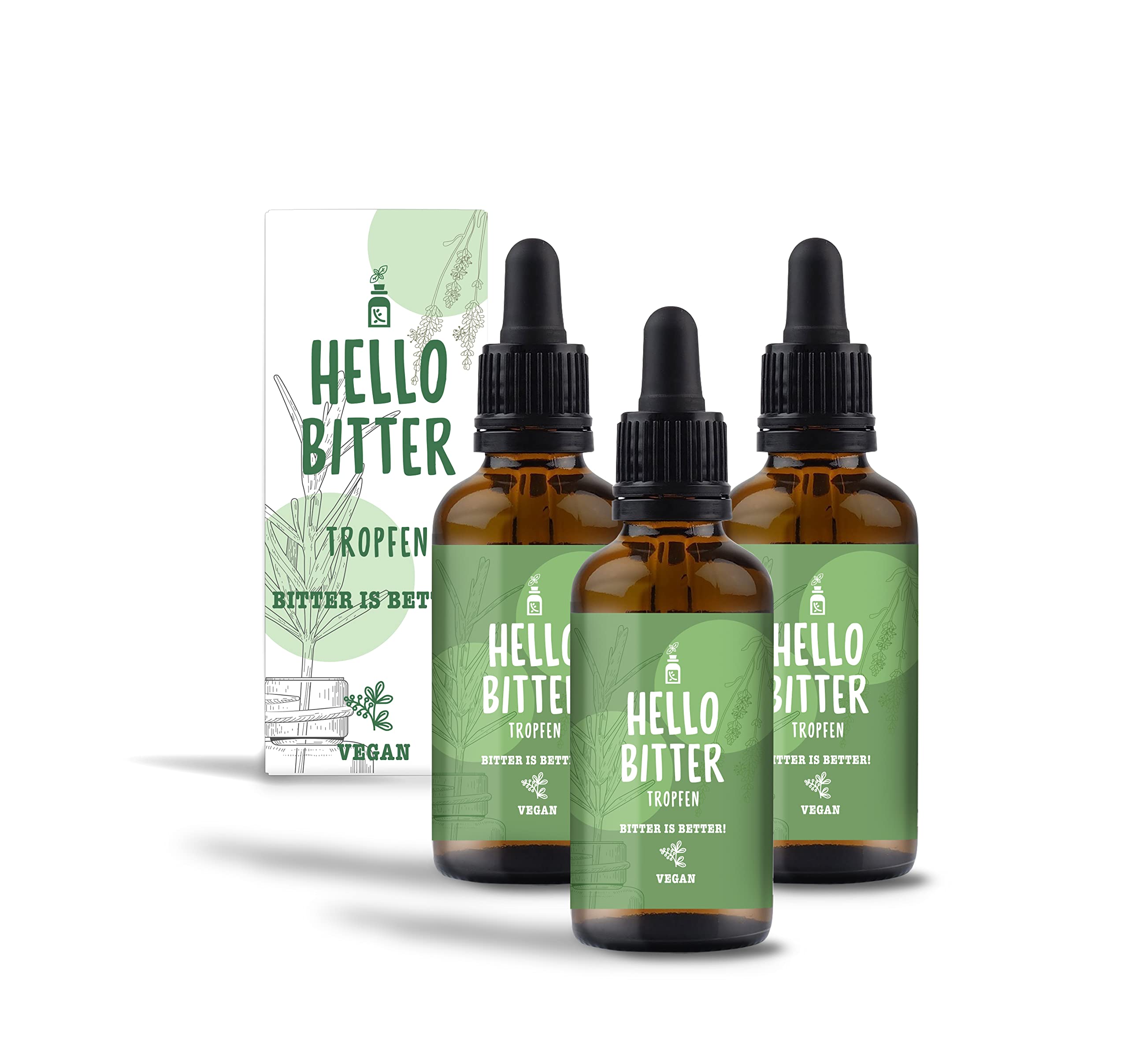 HelloBitter® - Bittertropfen Set 3x 50ml nach Hildegard von Bingen - Bitterkräuter/Bitterstoffe Tropfen vegan - hohe Bioverfügbarkeit, Laborgeprüft, hochdosiert, flüssig