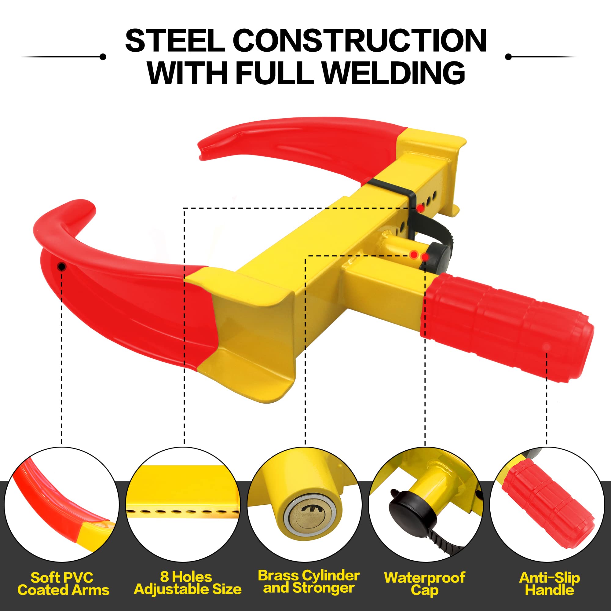 KAYCENTOP Wheel Clamp Lock Tire Lock Anti Theft Lock Fit Most Vehicles Max 11" Tire Width and 7" Reach for Trailers SUV Boats ATVs Motorcycles Golf Cart Great Deterrent Bright Yellow/Red, 3 Keys