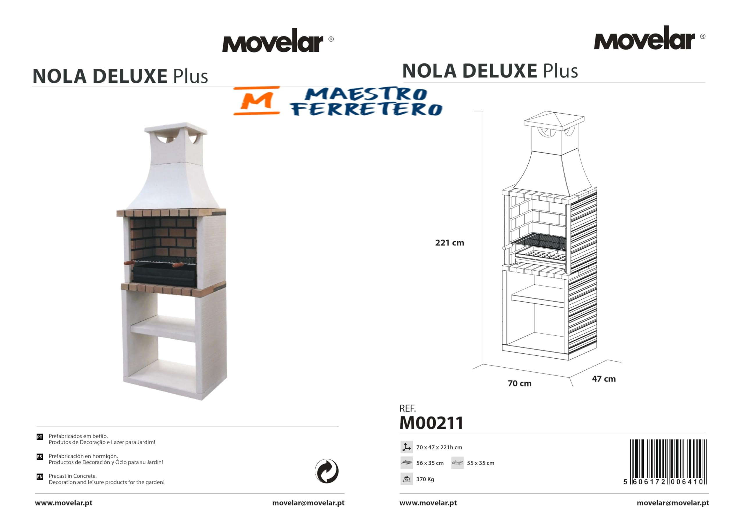 MOVELAR - Barbacoa de Obra Prefabricada de Leña y Carbón Modelo Nola Plus Deluxe (Blanco, Refractario - 70 x 47 x 221 cm) REF: M00211 - Cocina de Exterior para Jardín o Patio