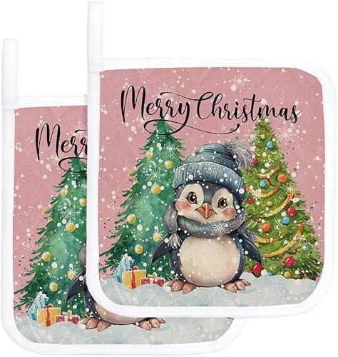Juego de 2 soportes para ollas de pingüino de Navidad para cocina, platos de horno, almohadillas a prueba de calor con lazo para colgar, agarraderas