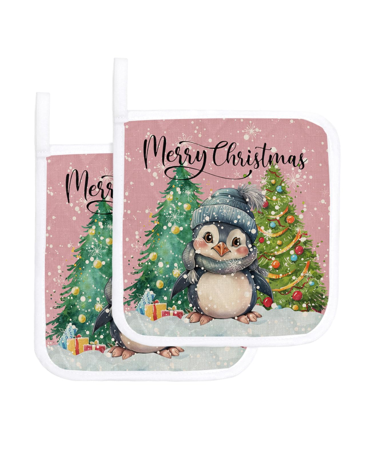 2 Packs Christmas Penguin Pot Holders Sets for Kitchen,Oven Pan Plate Bowl Pads Heat Proof Mat with Hanging Loop,Thick Terry Cloth Potholders for Cooking Baking Watercolor Blush Pink Pine Tree