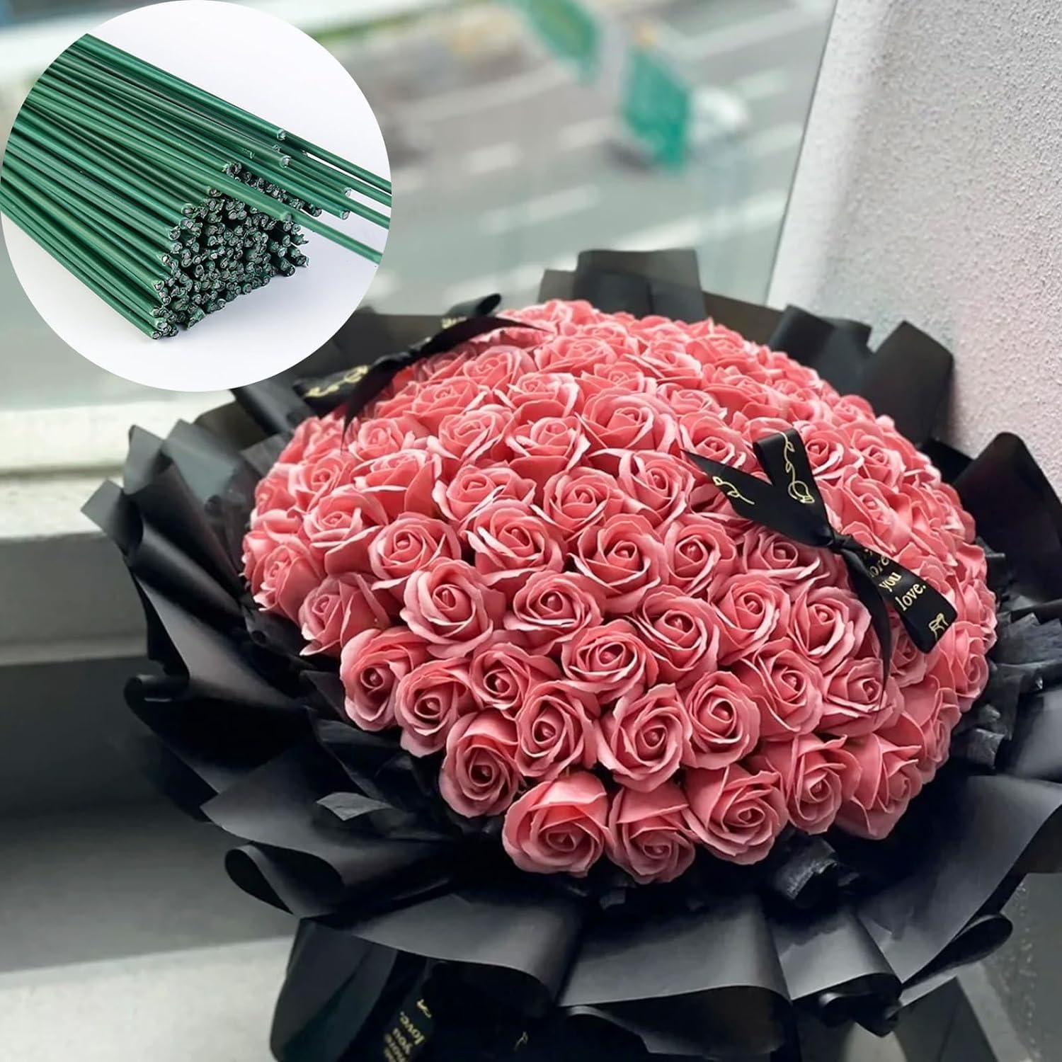 APOMOONS 150 Pezzi di Filo per fioristi Verde, Filo per fioristi con Stelo di 2 mm e 1 Nastro per fioristi, Filo per fioristi per corone Artigianali e Bouquet Lungo 30 cm
