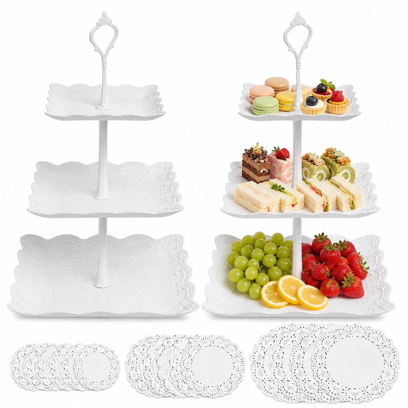 2 Pack 3 Tier Cake Stand Set with 15 Paper Doilies, White Cupcake Stands