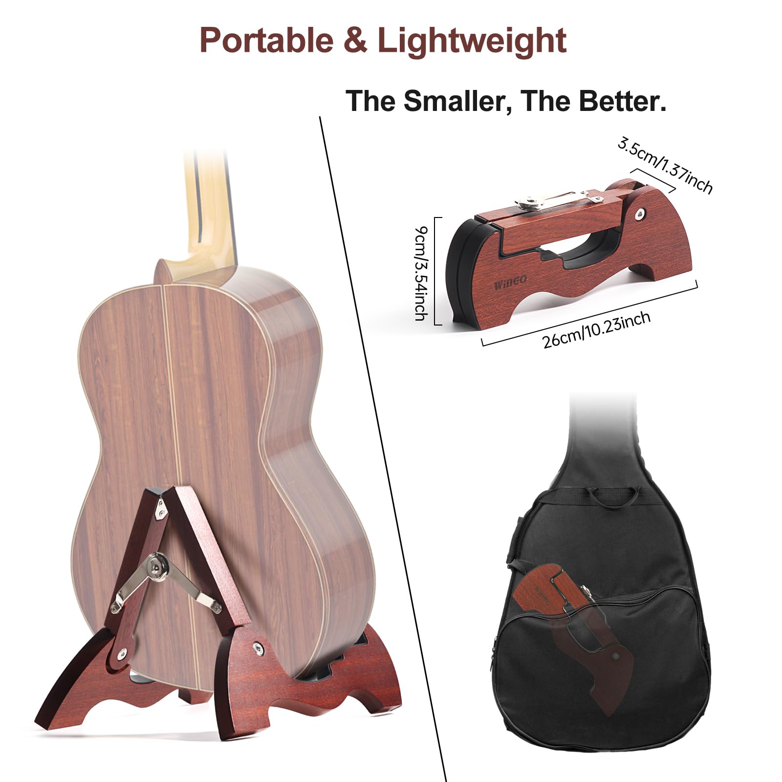 WINGO Soporte de madera para guitarra, portátil, plegable, con marco en A, para guitarras acústicas, eléctricas, clásicas, con goma antideslizante, totalmente montado.