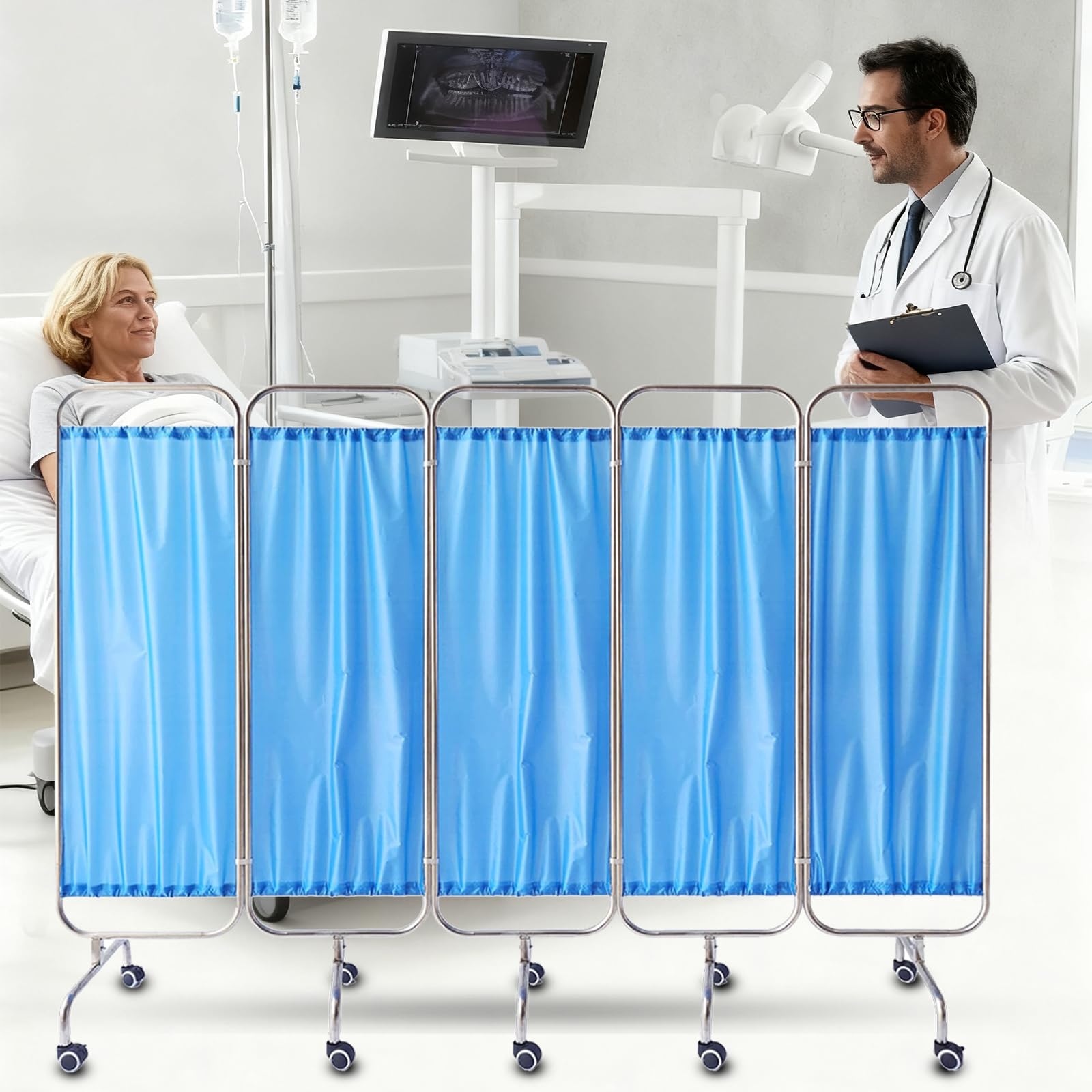 Medical Privacy Screen，Folding Stainless Steel Waterproof Fabric Mobile Medical Room Divider On Lockable Caster For Hospital Clinics ICU Care Center (Blue, 250cm)