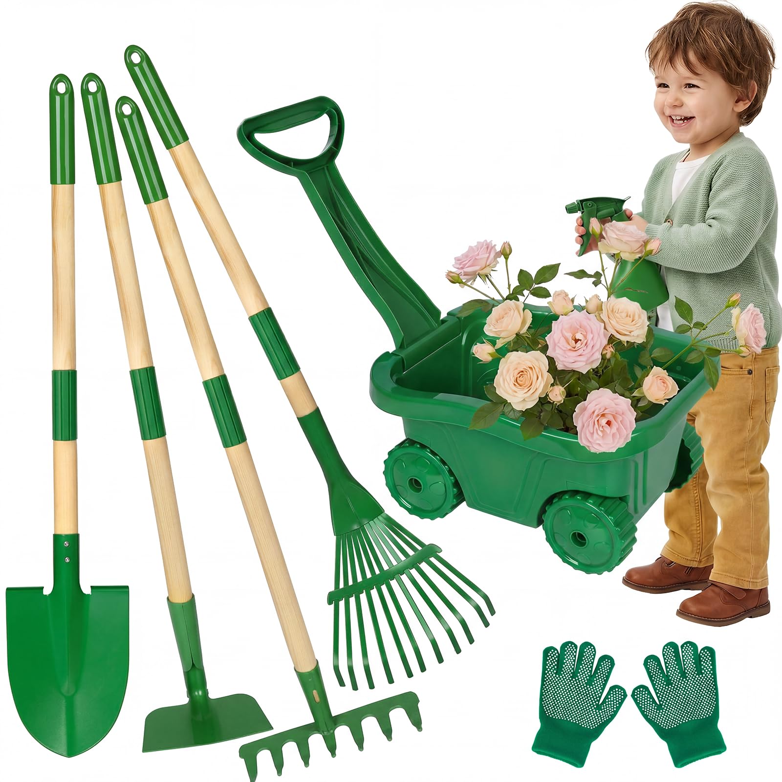 Hot Bee Schubkarre für Kinder 7-teiliges Gartenwerkzeug Set, Kinderschubkarre mit Metall-Schaufel, Rechen, Laubbesen & Gießkanne, Ganzjährig für Garten, Sandkasten & Schnee, Outdoorspielzeug ab 3 J.