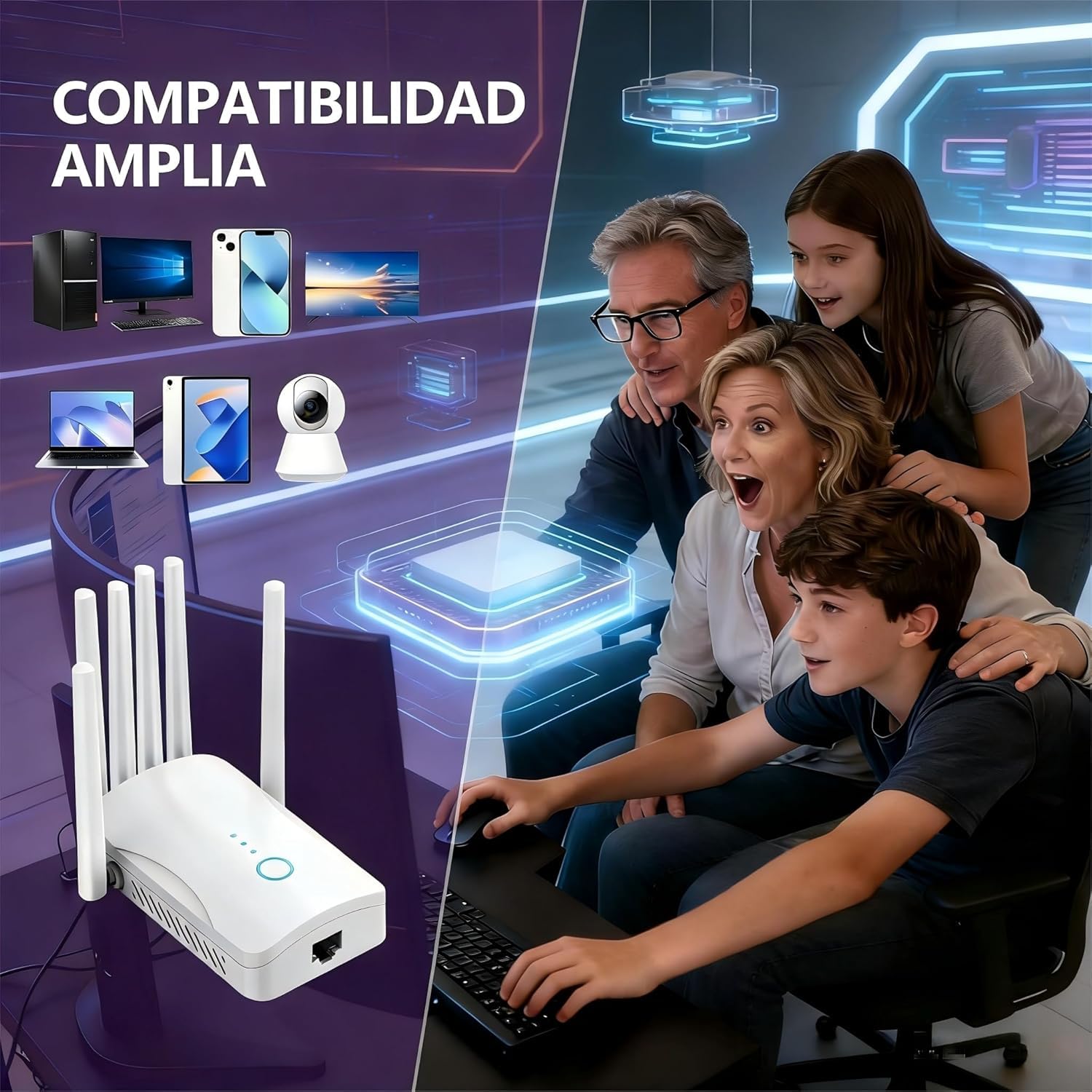 Répéteur Wi-FI 6 Antennes pour Maison et Bureau, Amplifie Le Signal Wi-FI Jusqu’à 120m²,Connexion Rapide et Stable, Idéal Streaming, Jeux en Ligne et Télétravail