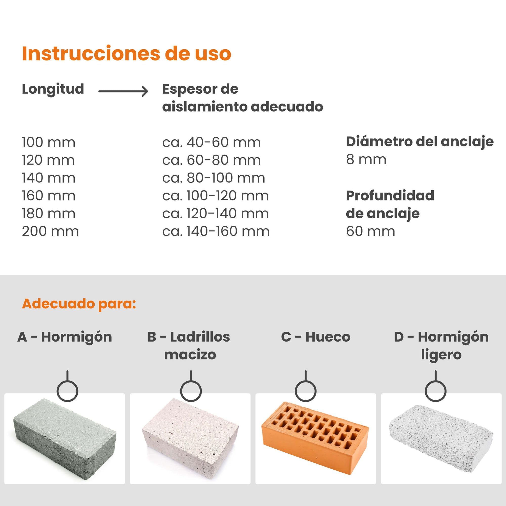 PROTEKTOR Taco para aislamiento térmico 100 unidades Ø8x120mm con clavo de acero para fijación de fachadas, aislamiento y SATE, WDVS anclajes de impacto con certificación ETA Anclajes térmicos