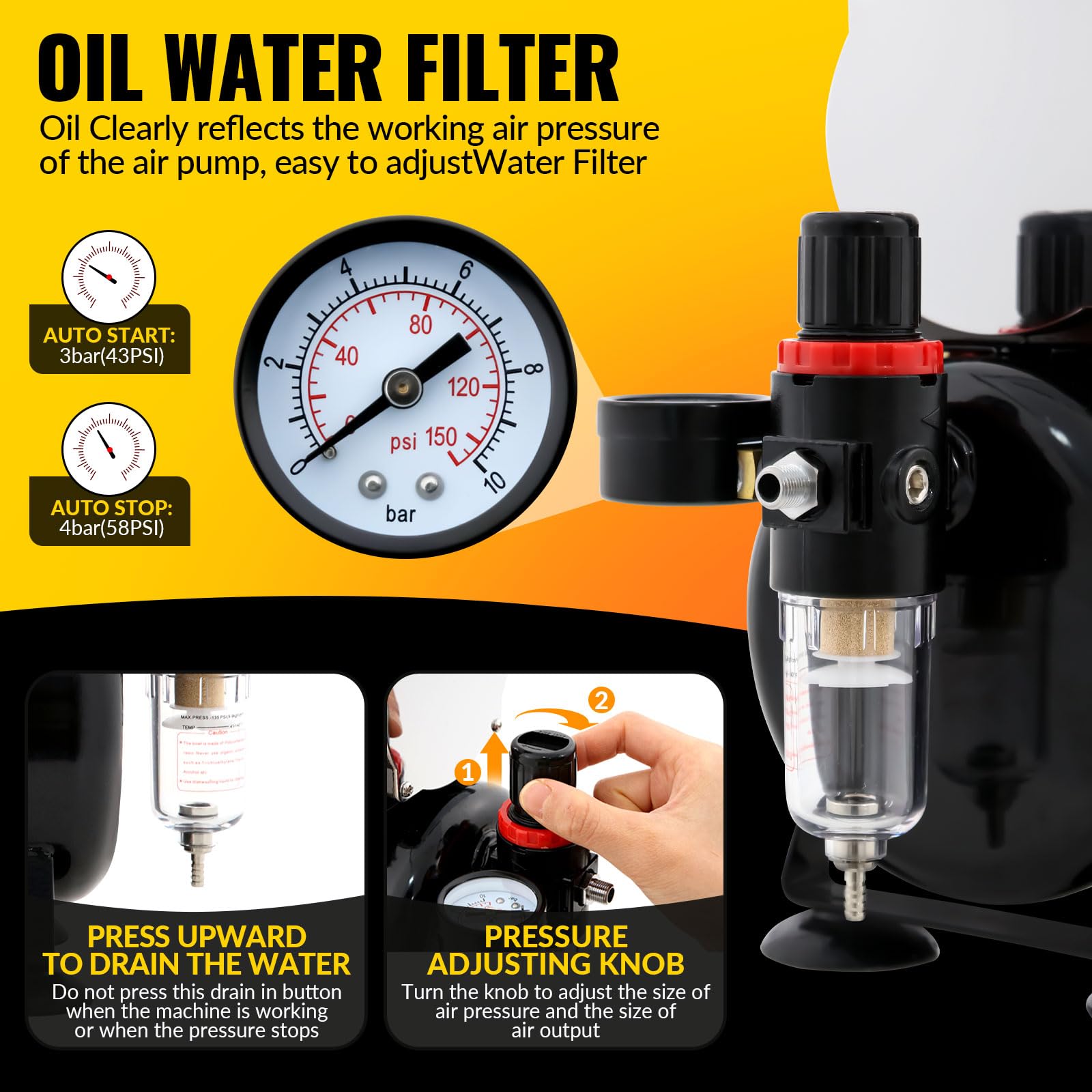 Airbrush-Kompressor mit Lufttank, professionelles Airbrush-Farb-Set mit Manometer, komplette Ausrüstung mit Auto-Stop-Funktion, ideal für Modellbemalung und Nagelkunst