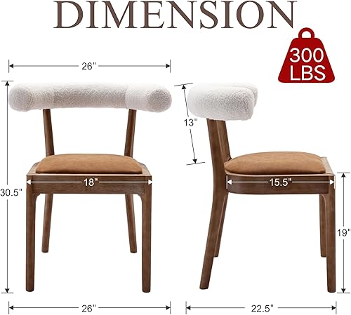Miniatura 2 de Juego de 2 sillas de comedor de madera, modernas de mediados de siglo, sillas de sala de estar con sherpa curvado único, respaldo abierto, cómodas