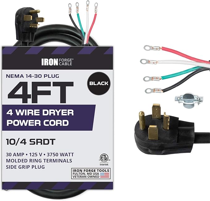 4 Prong Dryer Cord - 4 Ft Dryer Extension Cord Power Plug, 10/4 SRDT, 30  Amp, NEMA 14-30, Black
