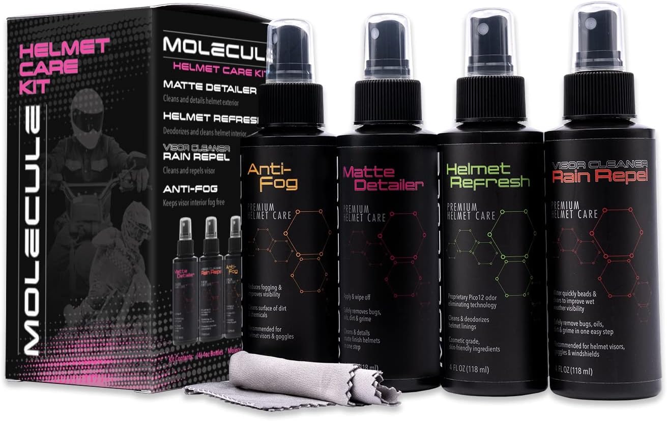 Molecule Matte Care Kit, Anti-Fog, Matte Detailer, Refresh, Rain Repel, Premium Helmet Care, Helmets, Visors, and Goggles, Cleans and Details Matte Finish, 4 Ounces (1 Kit)