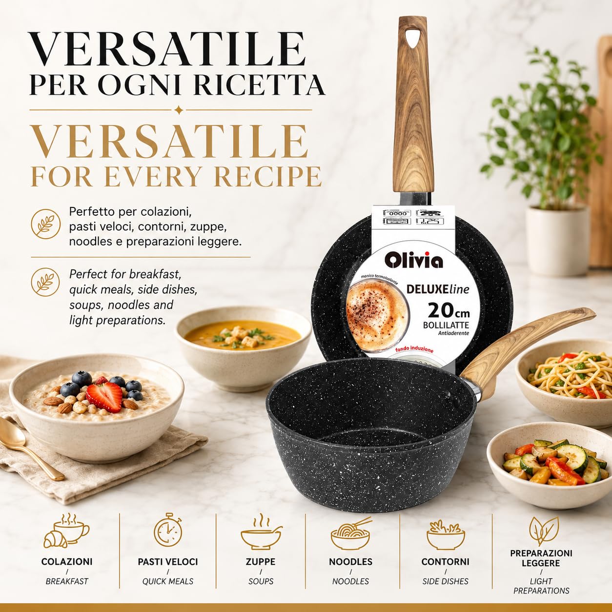 IPEA Pentolino Induzione Antiaderente per Latte e Minestre - 20 CM - SOLIDO E VERSATILE - Pentolino per Cucinare e Bollire Verdure, Noodles, Verdure, Noodles - Ergonomico - Bollilatte da Cucina