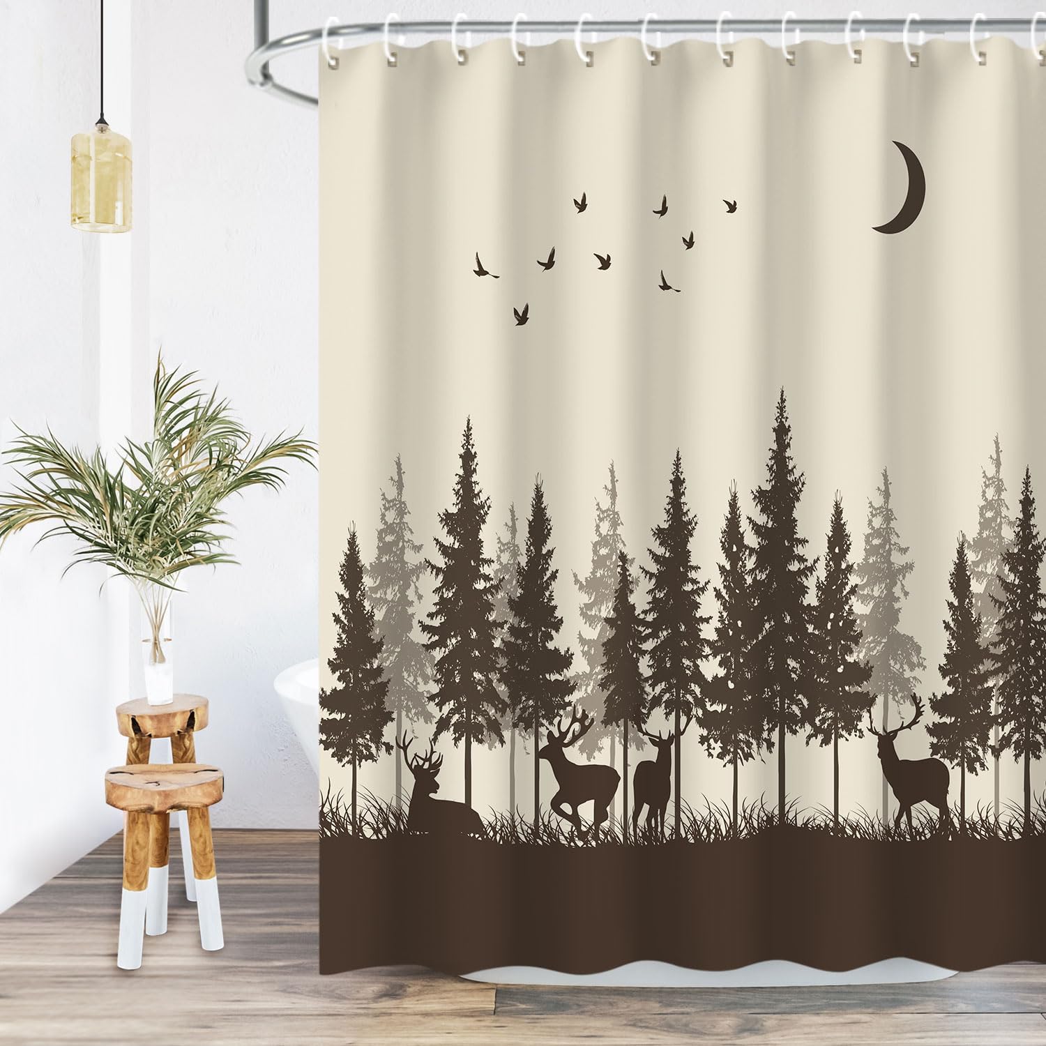 RosieLily Stacy Fay Deer in The Forest Shower Curtain Cabin with 12 Hooks Fog Bird Mountain Hunting Theme Yellow and Coffee Country Moose Rustic Bath Curtain Bathroom Decor 72 X 72 Inch(Brown)