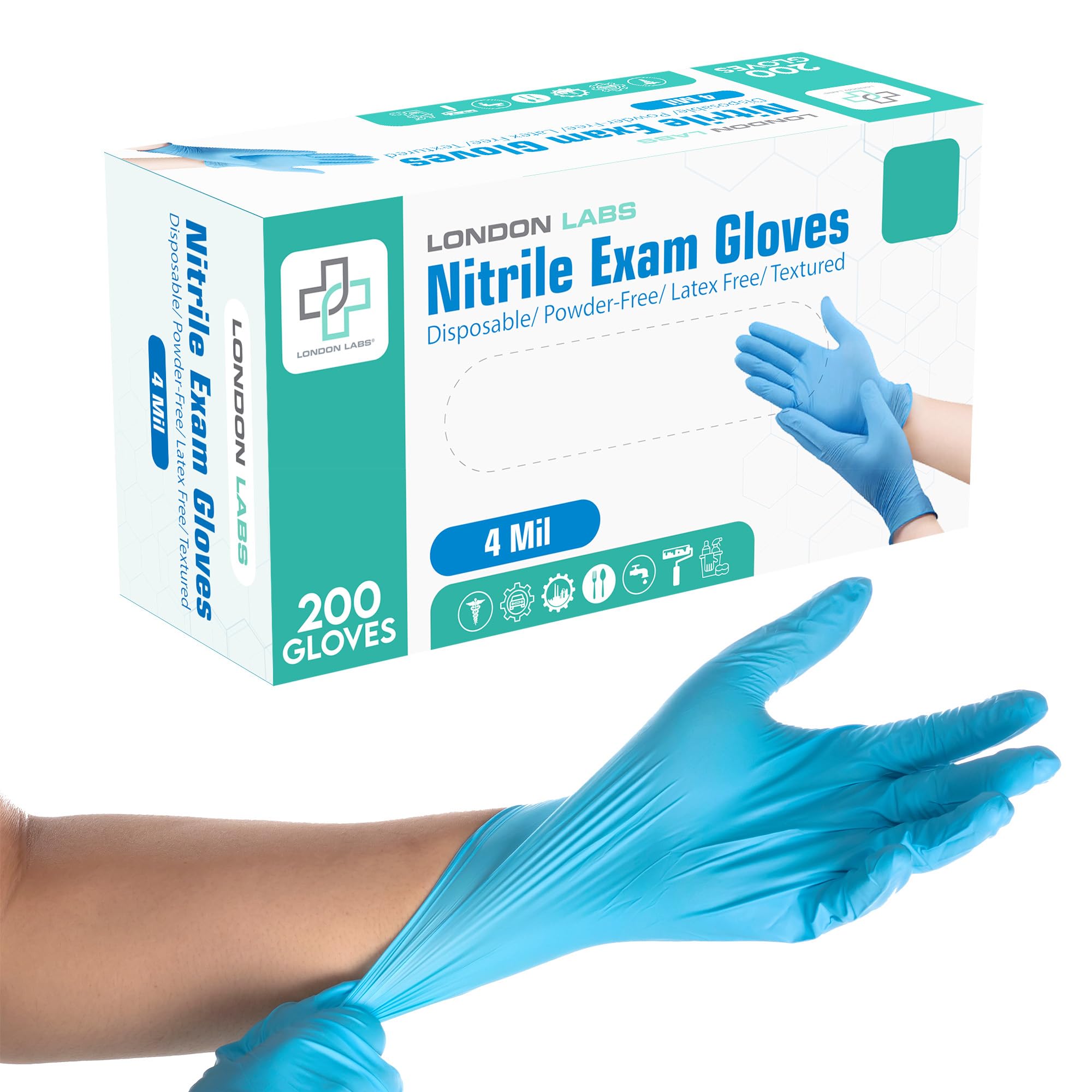 London Labs Nitrile Medical Exam Gloves 4 Mil Disposable Gloves, Latex Free Glove, Powder Free Multi-Purpose (200, Small)