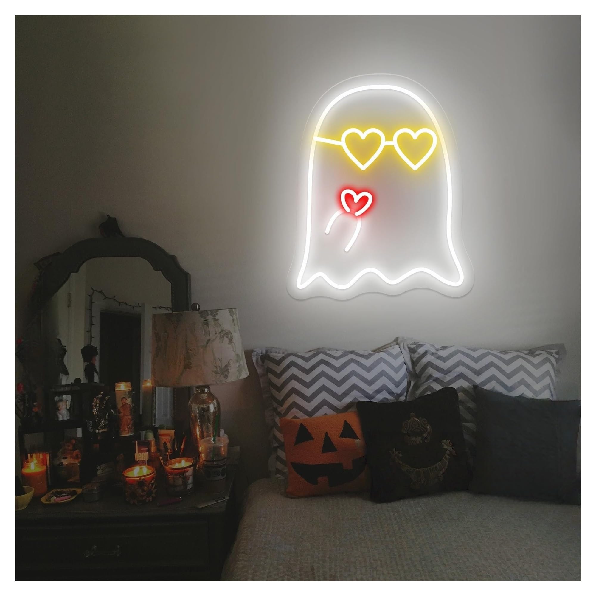 RONGCH Hanging Art Neon Signs Ghost with Heart Neon Sign, Suitable for Home Festival Party Decor Brightness Adjustable 30cmx38cm(A)