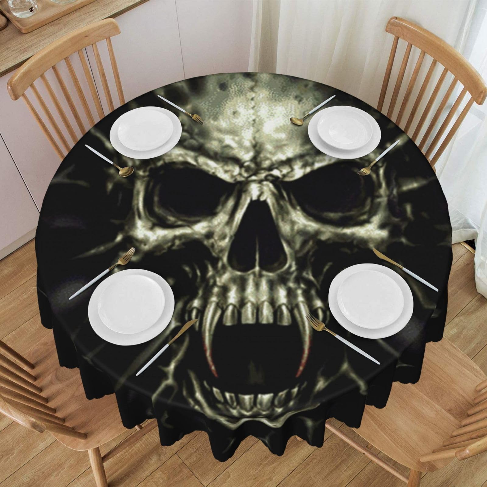 DCEHGEW 60 In Round Tablecloth with Lace, Scary skull Printed Oilproof & Washable Fabric Picnic Table Cloth Table Covers