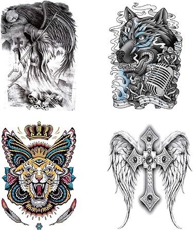Amazon Co Jp Cargen タトゥーシール 防水刺青シール オオカミ 虎 死神 クロス アートステッカー 簡単に背中で貼り付ける入れ墨 大判4枚セット 480 340mm 服 ファッション小物