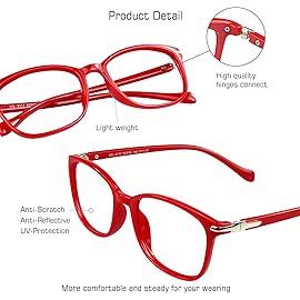 VisionGlobal Blue Light Blocking Glasses for Women, Anti Eyestrain, Computer Reading, TV Glasses, Stylish Square Frame, Anti Glare(Red,+4.75 Magnification)