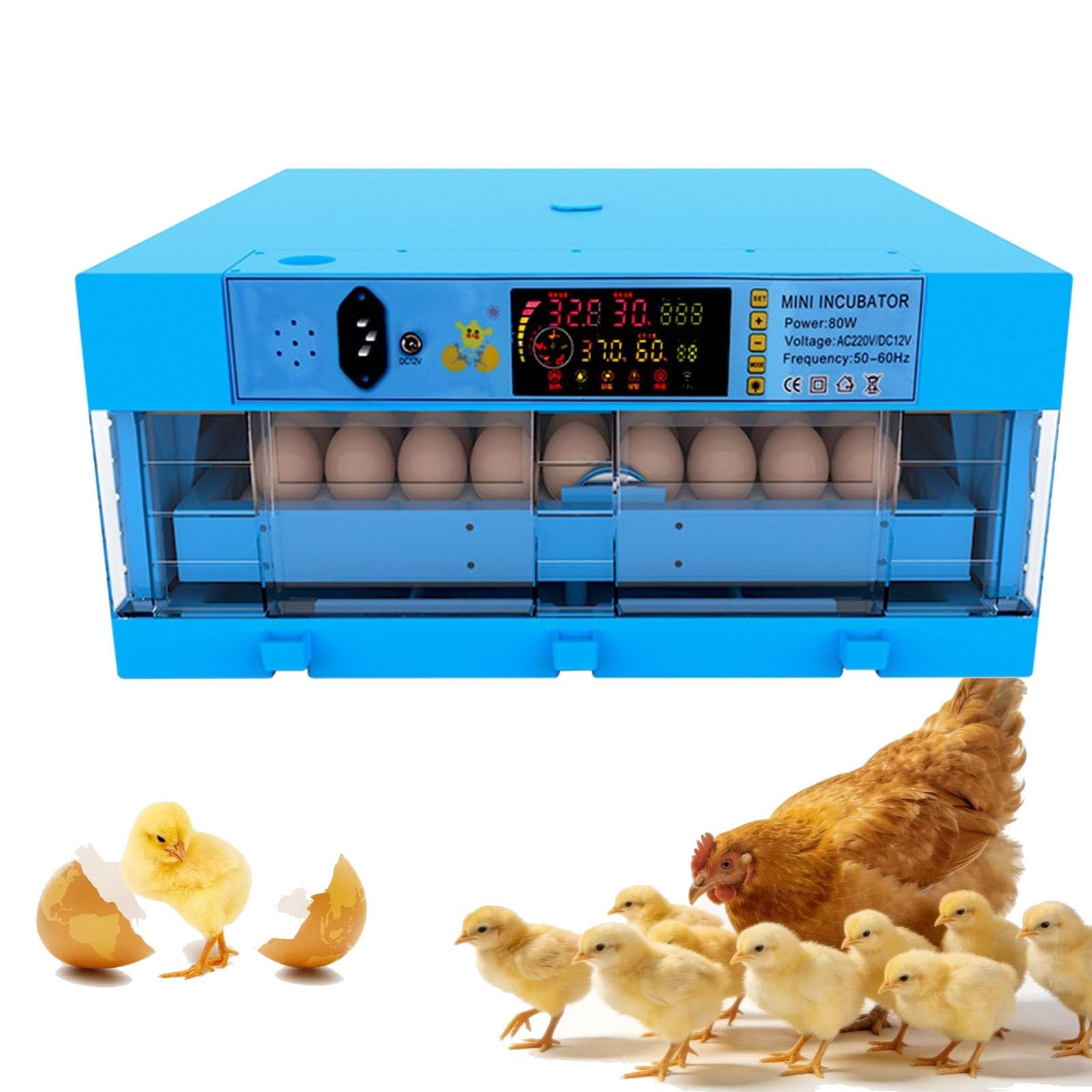 Inteligentny inkubator do jaj, automatyczne obracanie jaj 360°, do jaj kurcząt, kaczek, gęsi i przepiórczych z cyfrową regulacją temperatury i wilgotności(64 Eggs)
