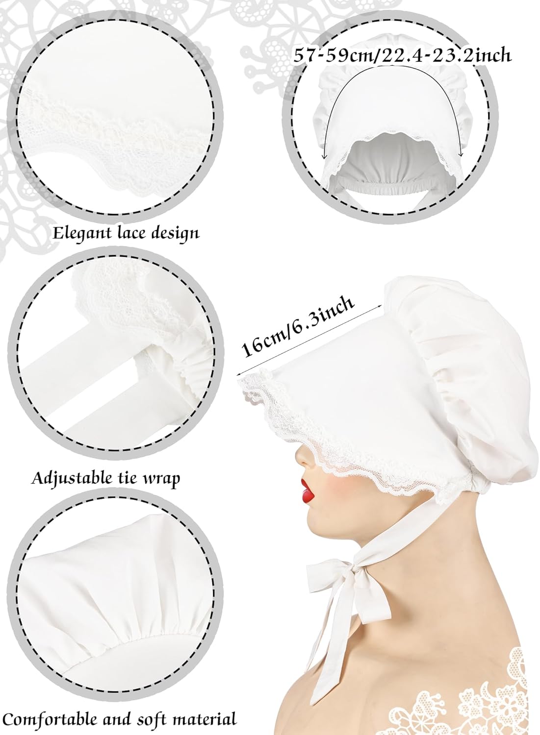 Hicarer White Mob Cap Women Colonial Bonnet Hat Grandma Mop Hat Mob Bonnets Lace with Adjustable Straps for Maid