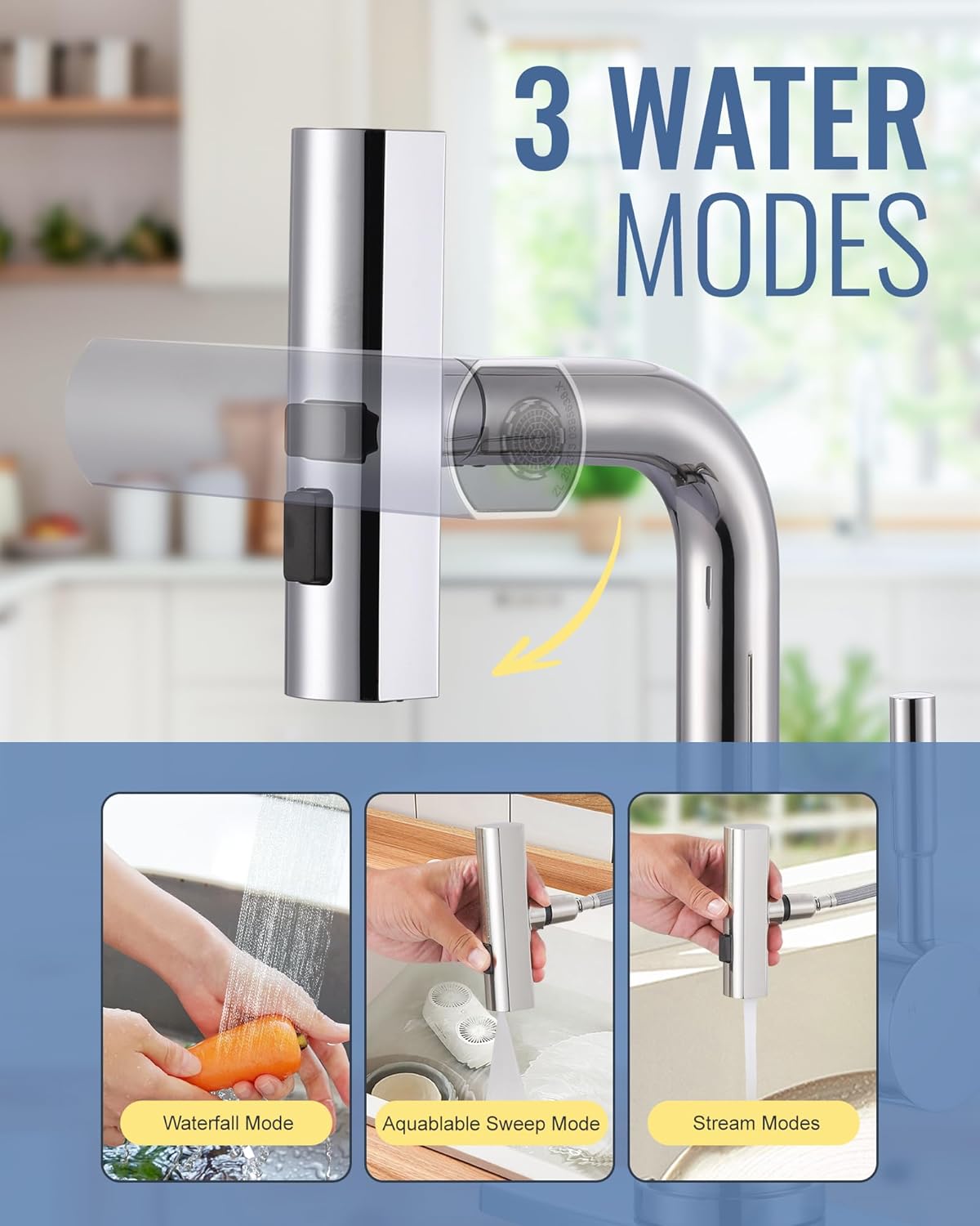 Bar Sink Faucet Single Hole - for Bar Small Kitchen Bathroom Faucets with cUPC Supply Lines, 3 Water Modes Wet Bar Faucets 360 Swivel Prep Sink Faucet with Pull Out Sprayer, Chrome