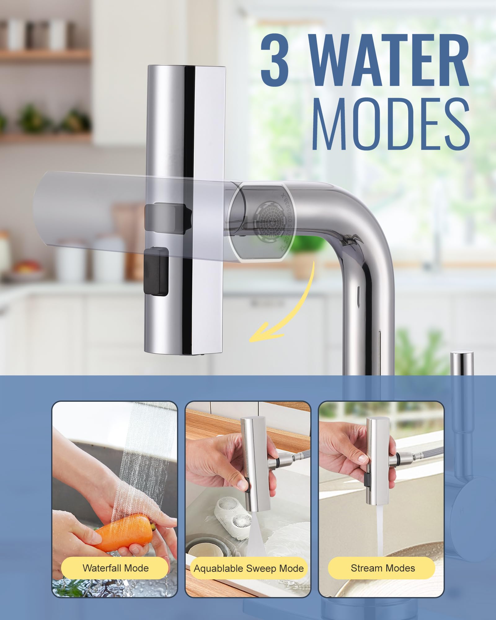 Grifo de fregadero de bar de un solo agujero, para grifos de bar pequeños de cocina y baño con líneas de suministro cUPC, 3 modos de agua, grifos de barra húmeda, grifo giratorio de 360 grados con
