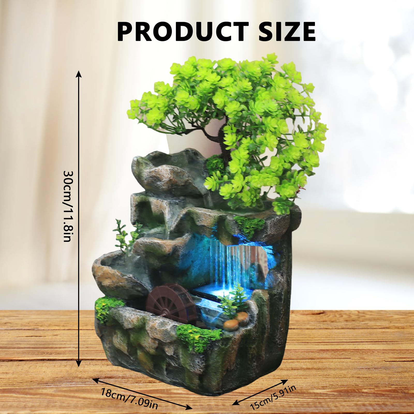 Grüne Pflanze Brunnen, Tisch Zimmerbrunnen Wasserfall mit Farbwechsel LED Beleuchtung, Tischbrunnen mit Feng Shui Rad, Springbrunnen für Platzierung Wohnzimmer, Büro Reinigt die Luft (15 x 18 x 30cm)
