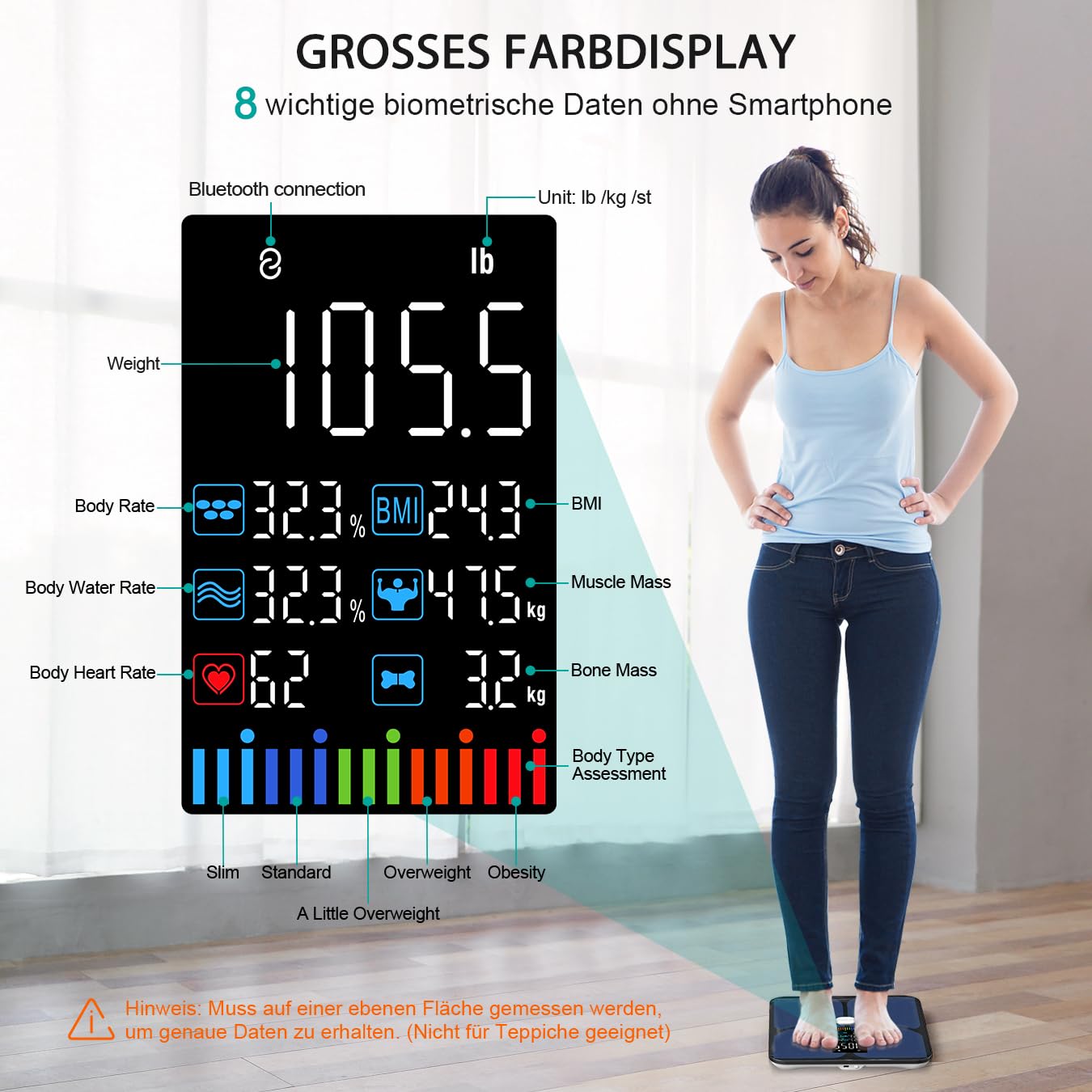 ABLEGRID Wiederaufladbar Körperfettwaage, LED Personenwaage Digital Mit Körperfett Und Muskelmasse Körperfettanalyse, 16 Messungen Der Körperzusammensetzung BMI, Herzfrequenz, 180kg, Schwarz