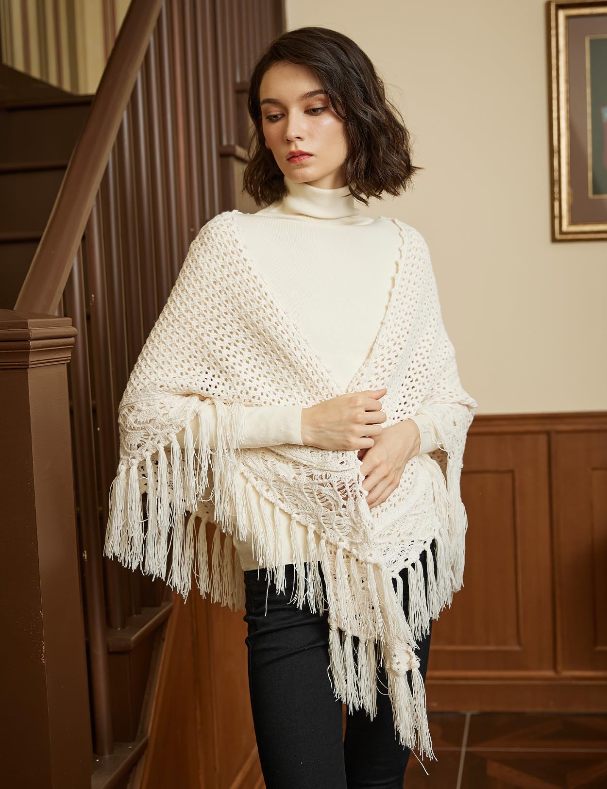 BEAUTELICATE Femme Châle Étole en Tricot Cape Couverture Crochet Tangulaire Foulard Écharpe À Glands Chaud pour Hiver Automne Printemps Cadeaux De Noël
