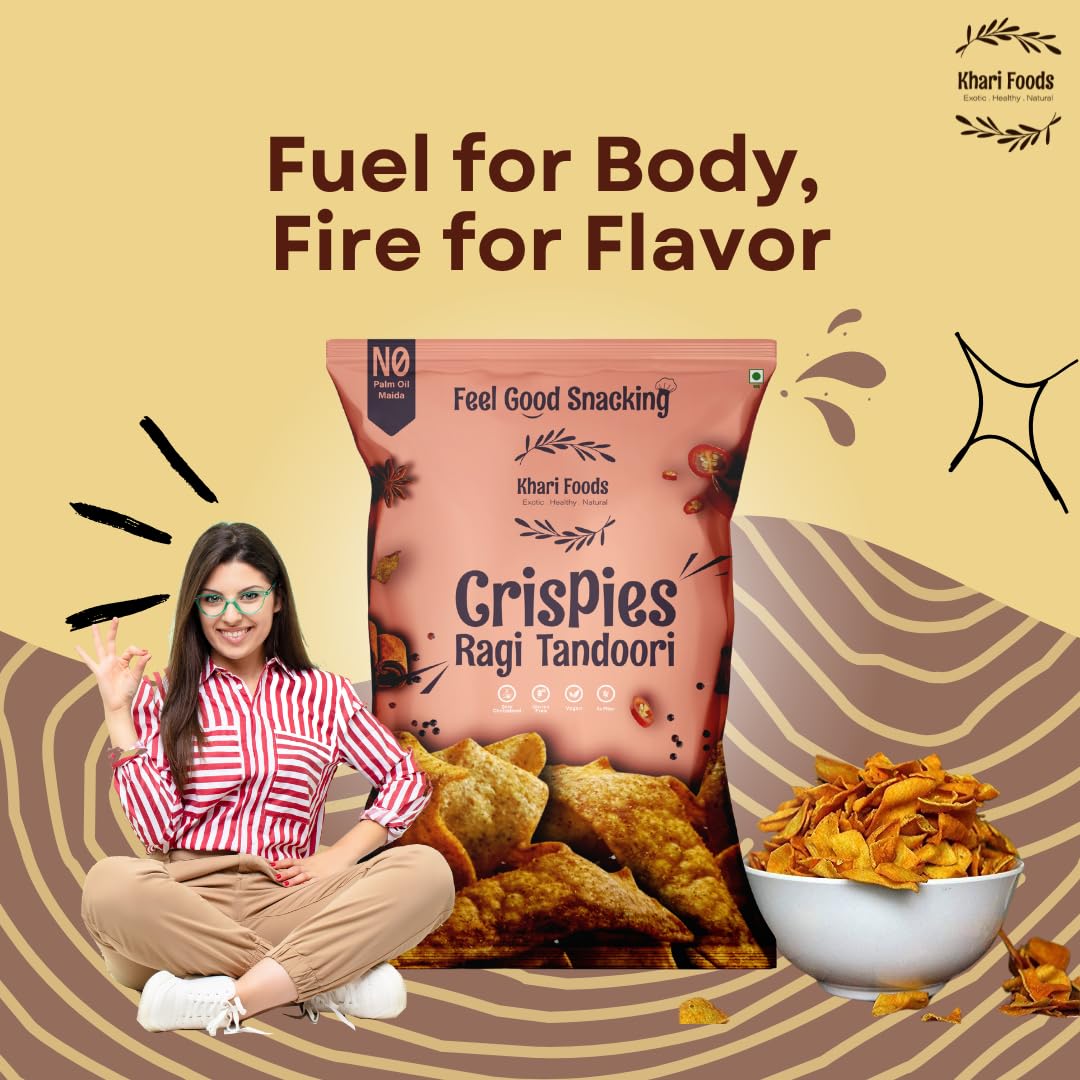 Khari Foods Ragi Crispies, Tandoori Flavoured Chips, No Palm Oil, No Maida, Millet Goodness, Fibre Rich, Zero Cholestrol, Gluten Free Vegan Snacks (50g x 4 Combo) - Image 4 thumbnail